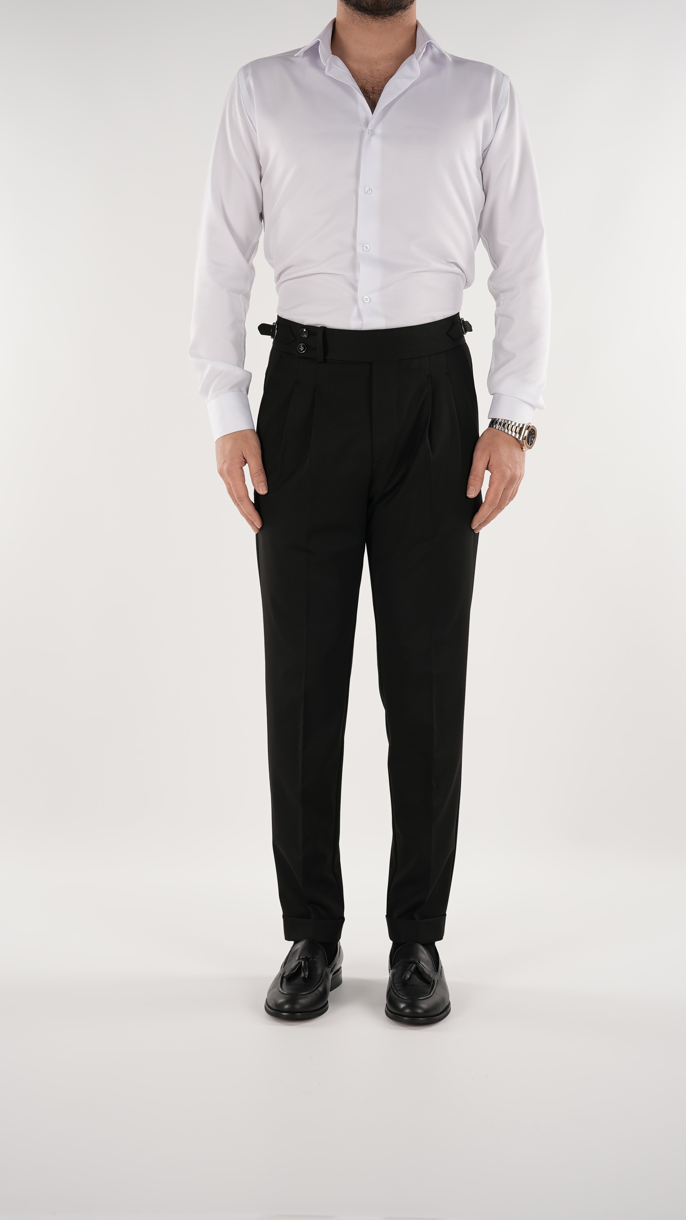 Erkek Slim Fit İtalyan Stil Piliseli TokaLı Likralı Pantolon-Siyah