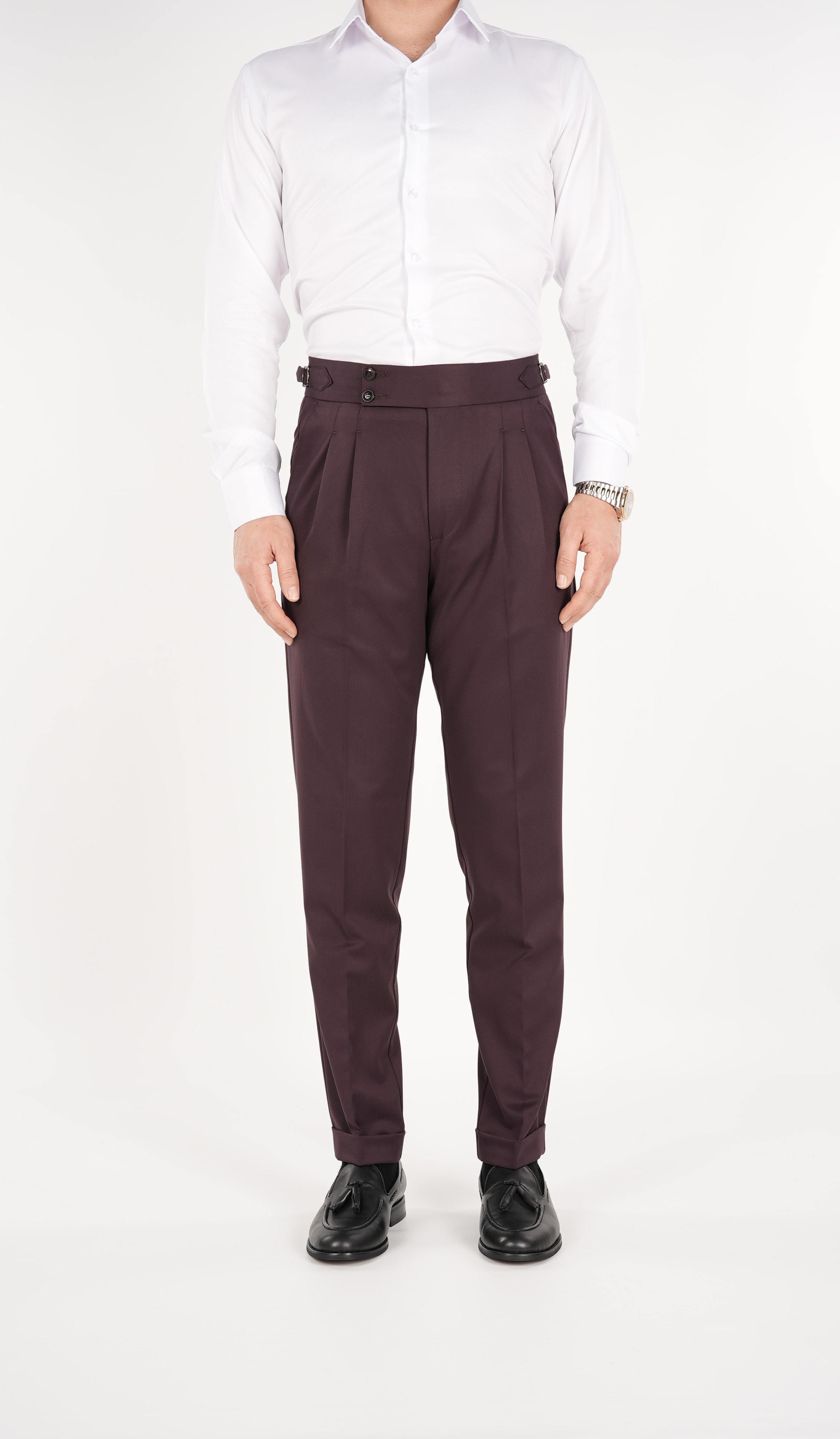 Erkek Slim Fit İtalyan Stil Piliseli TokaLı Likralı Pantolon - Bordo