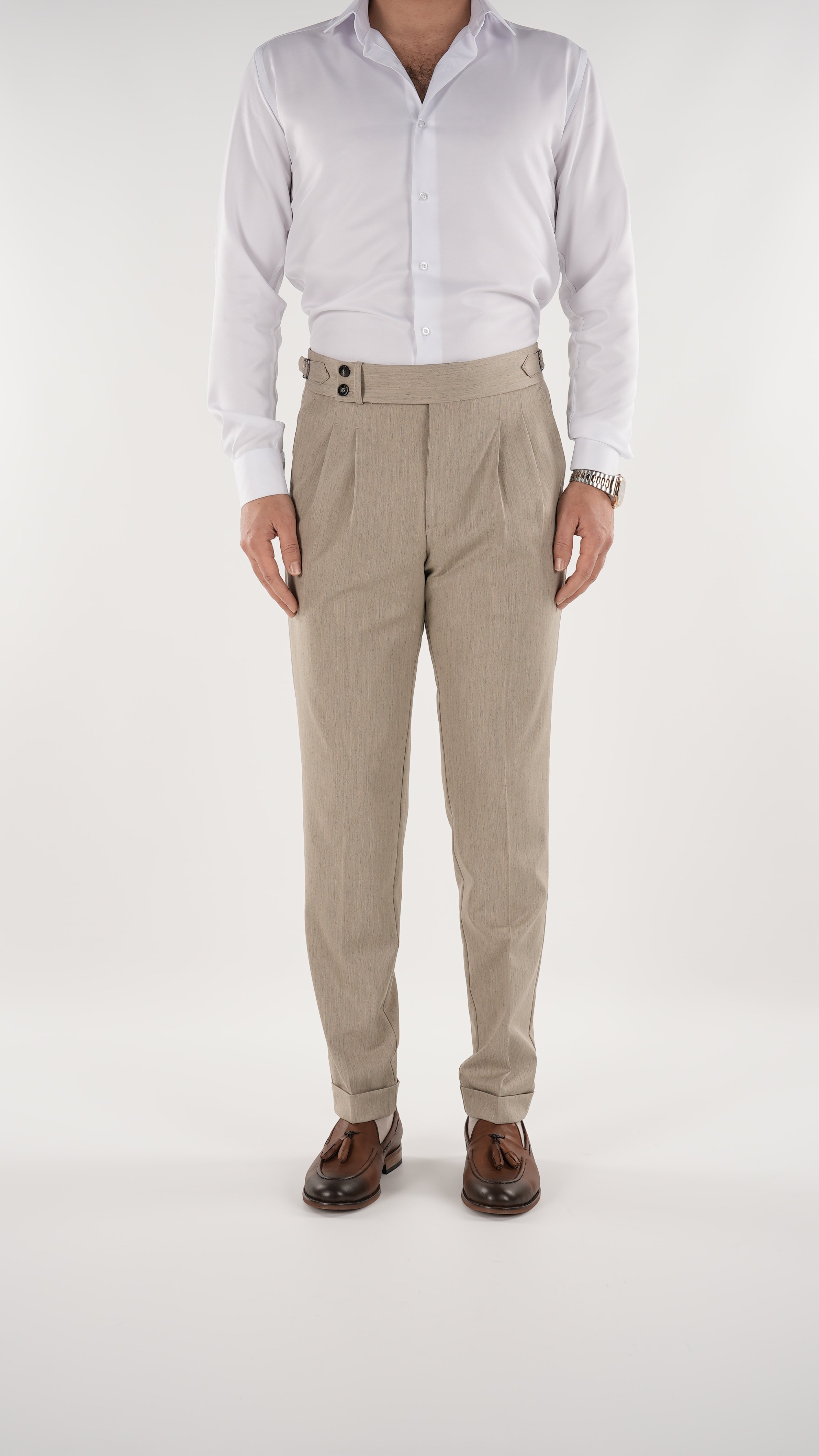 Erkek Slim Fit İtalyan Stil Piliseli TokaLı Likralı Pantolon-Krem