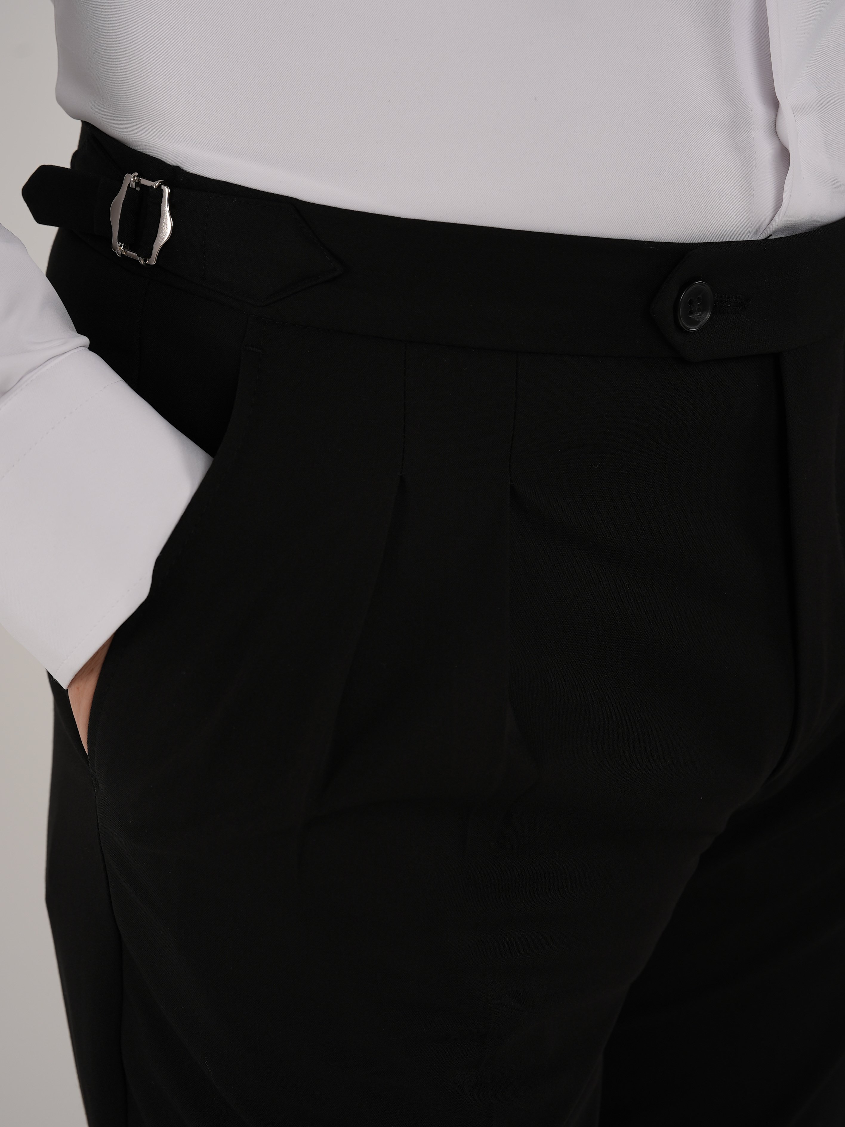 Erkek Slim Fit İtalyan Stil Piliseli TokaLı Likralı Pantolon-Siyah
