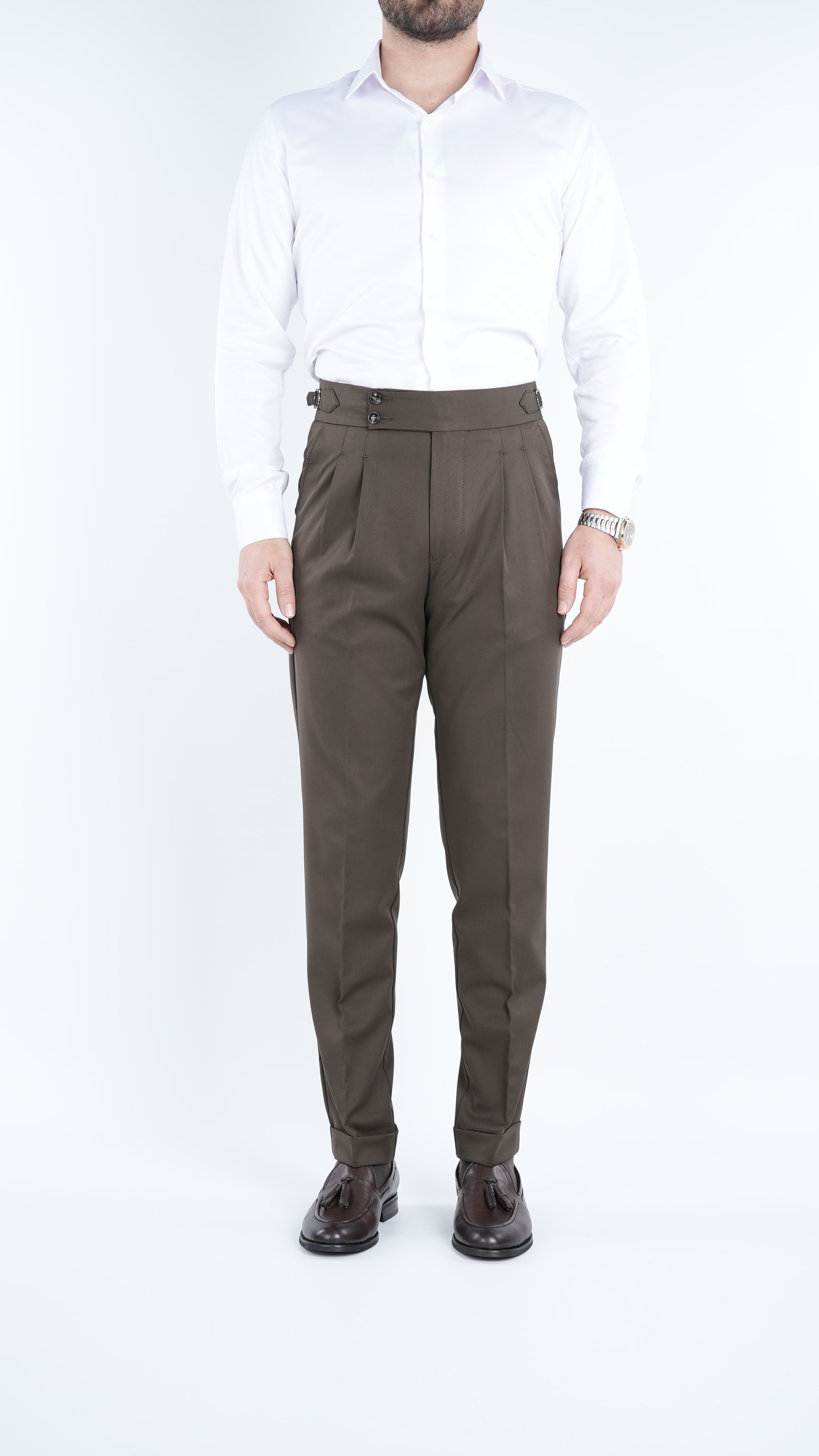 Erkek Slim Fit İtalyan Stil Piliseli TokaLı Likralı Pantolon - Haki