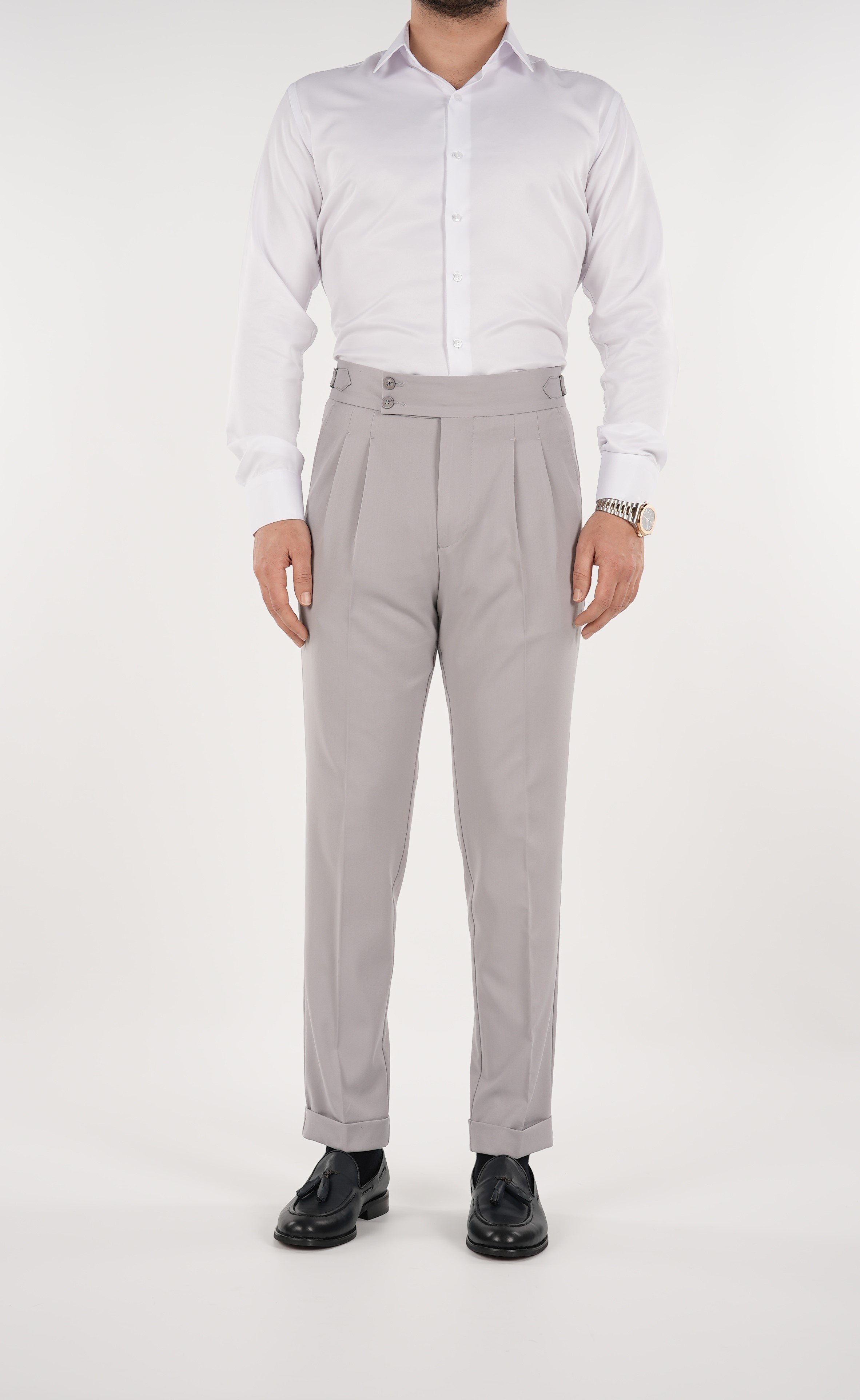 Erkek Slim Fit İtalyan Stil Piliseli TokaLı Likralı Pantolon - Acık Gri