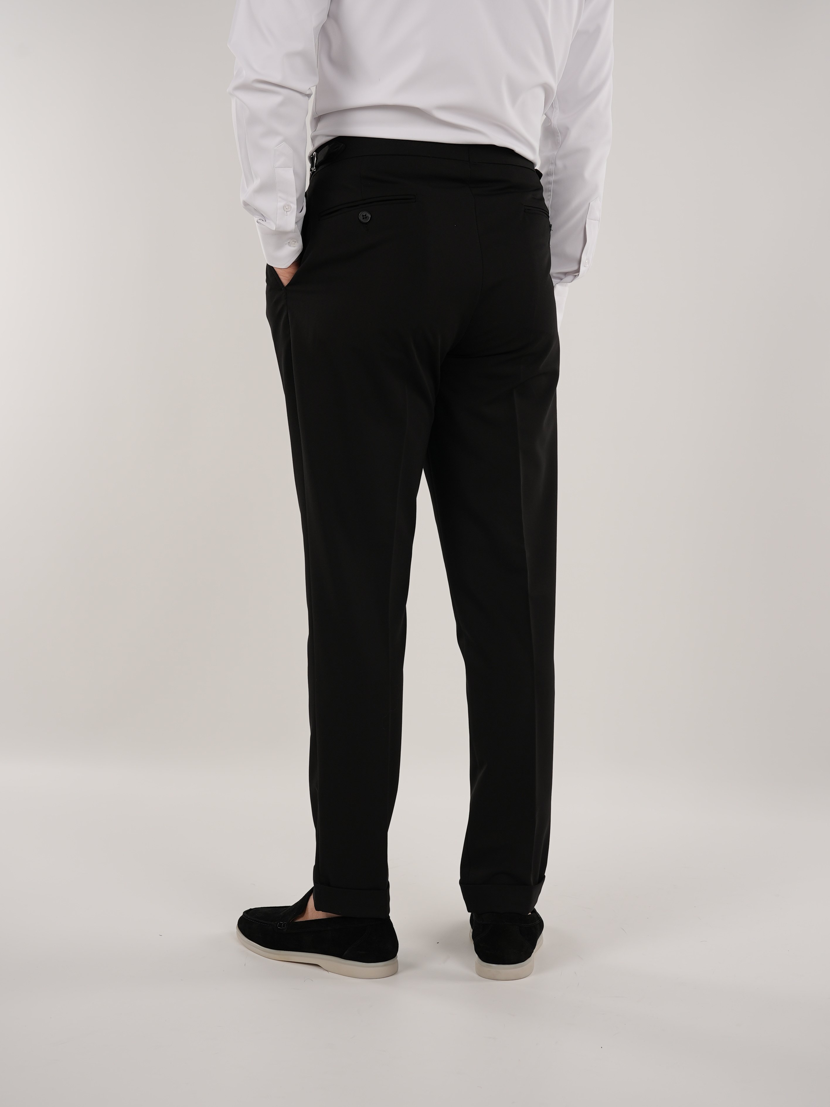 Erkek Slim Fit İtalyan Stil Piliseli TokaLı Likralı Pantolon-Siyah