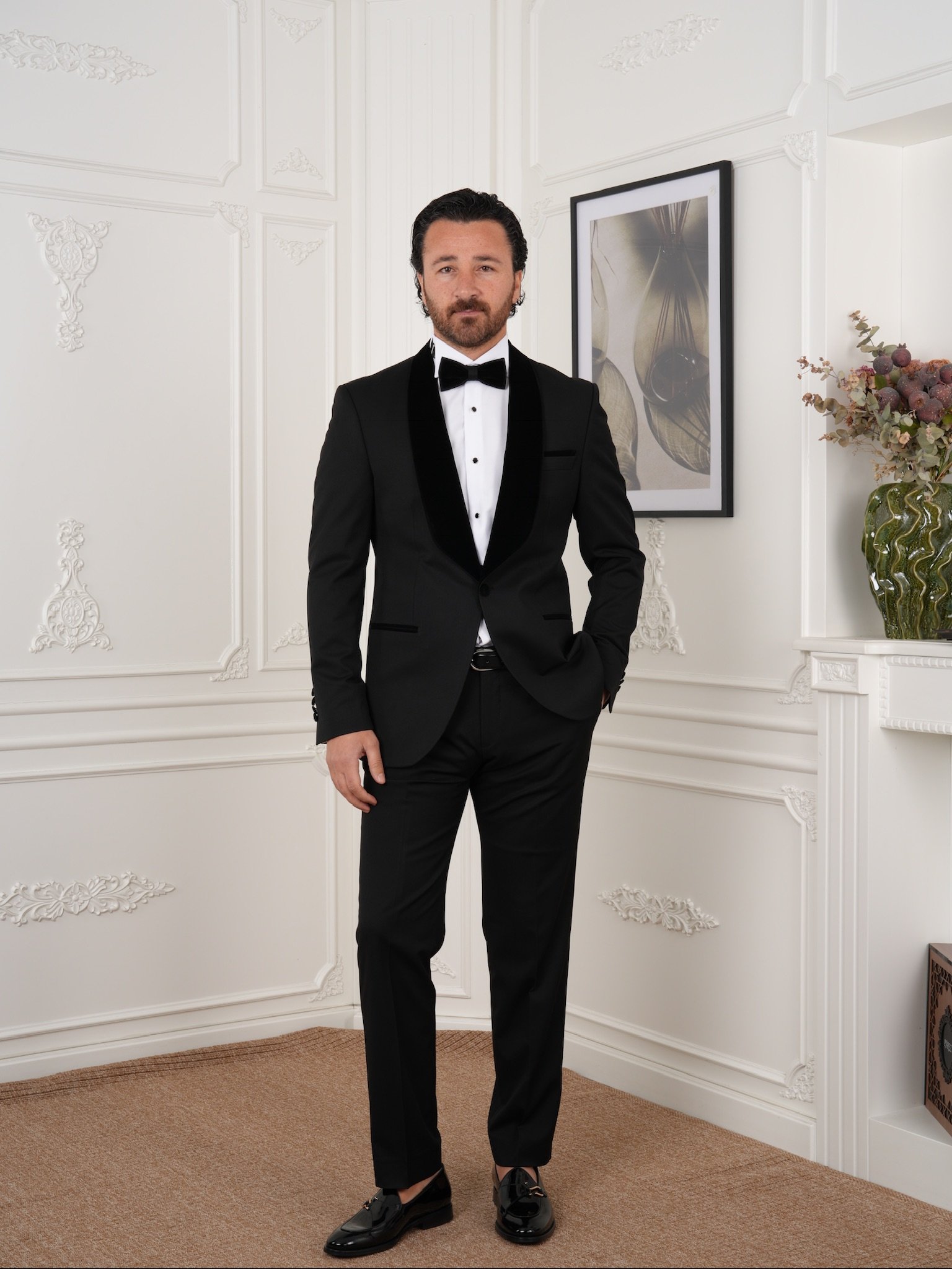 Mens Tuxedo Groom Suit Italian Style Velvet Shawl Collar Jacket Trousers Bow Tie - Black - Black