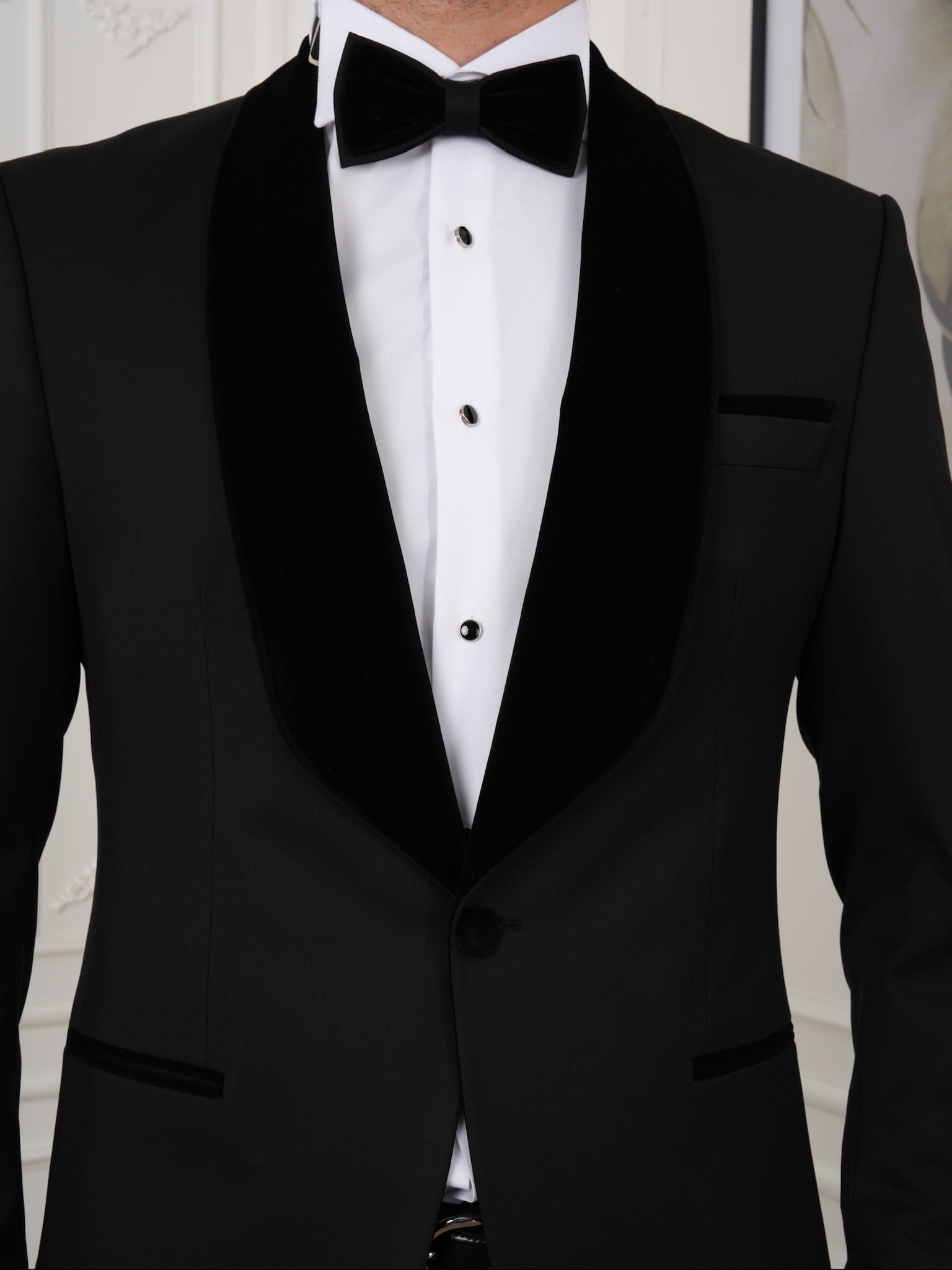 Mens Tuxedo Groom Suit Italian Style Velvet Shawl Collar Jacket Trousers Bow Tie - Black - Black