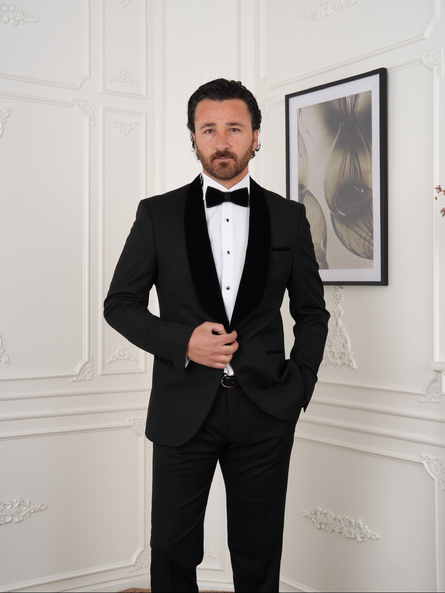 Mens Tuxedo Groom Suit Italian Style Velvet Shawl Collar Jacket Trousers Bow Tie - Black - Black