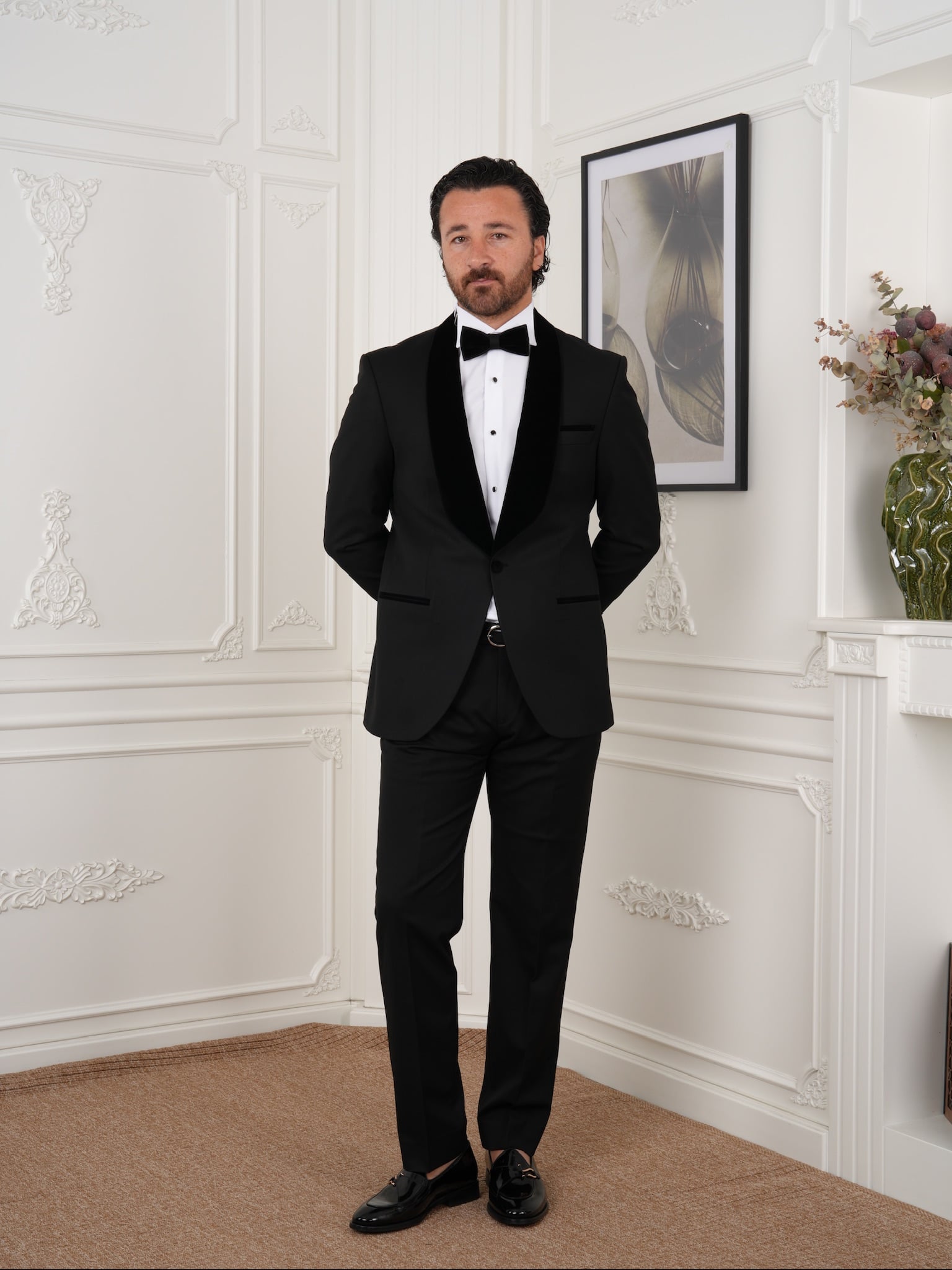 Mens Tuxedo Groom Suit Italian Style Velvet Shawl Collar Jacket Trousers Bow Tie - Black - Black