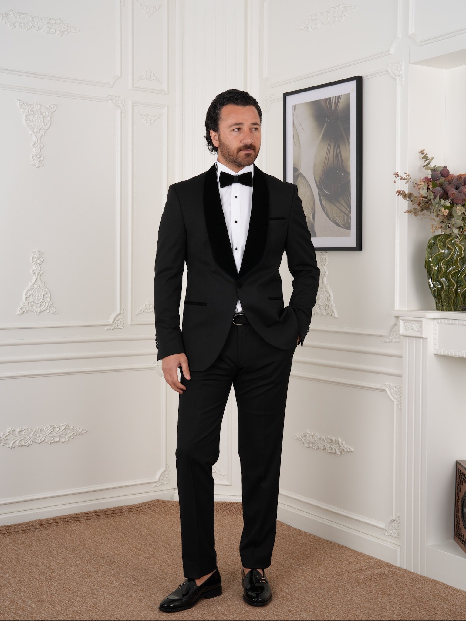 Mens Tuxedo Groom Suit Italian Style Velvet Shawl Collar Jacket Trousers Bow Tie - Black - Black