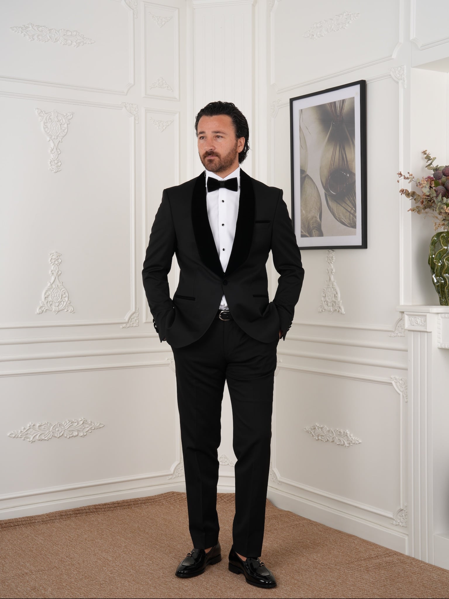Mens Tuxedo Groom Suit Italian Style Velvet Shawl Collar Jacket Trousers Bow Tie - Black - Black