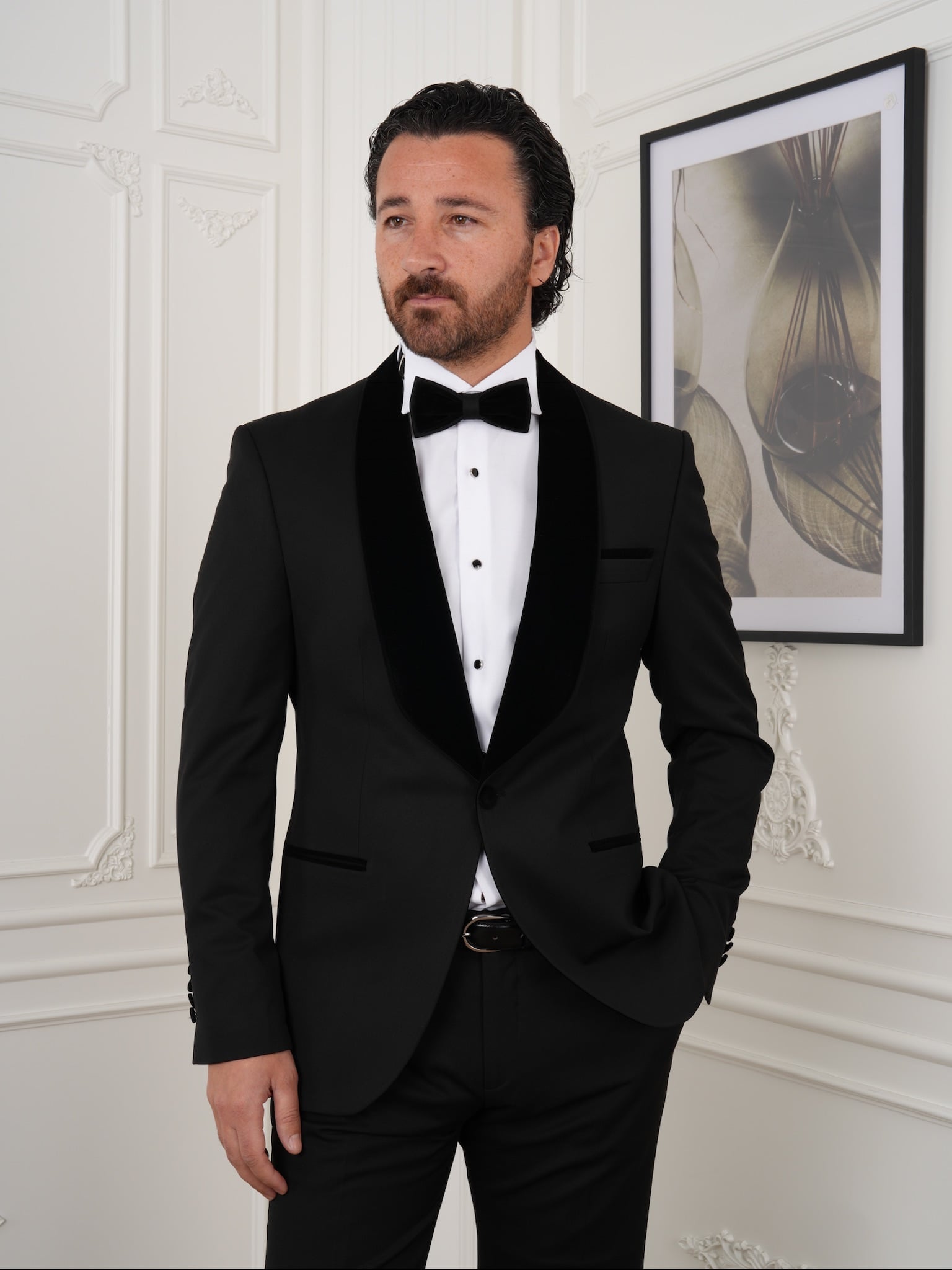 Mens Tuxedo Groom Suit Italian Style Velvet Shawl Collar Jacket Trousers Bow Tie - Black - Black