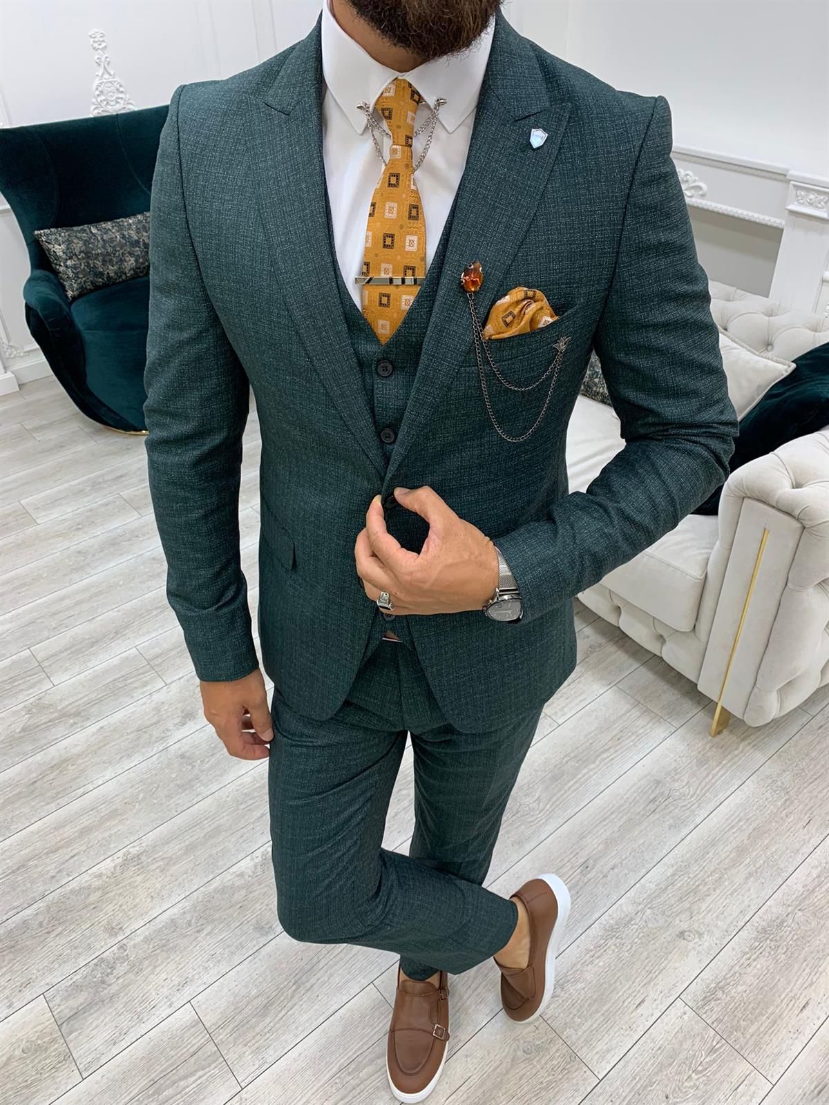 Erkek  Takım Elbise Ceket Yelek Pantolon - Yeşil