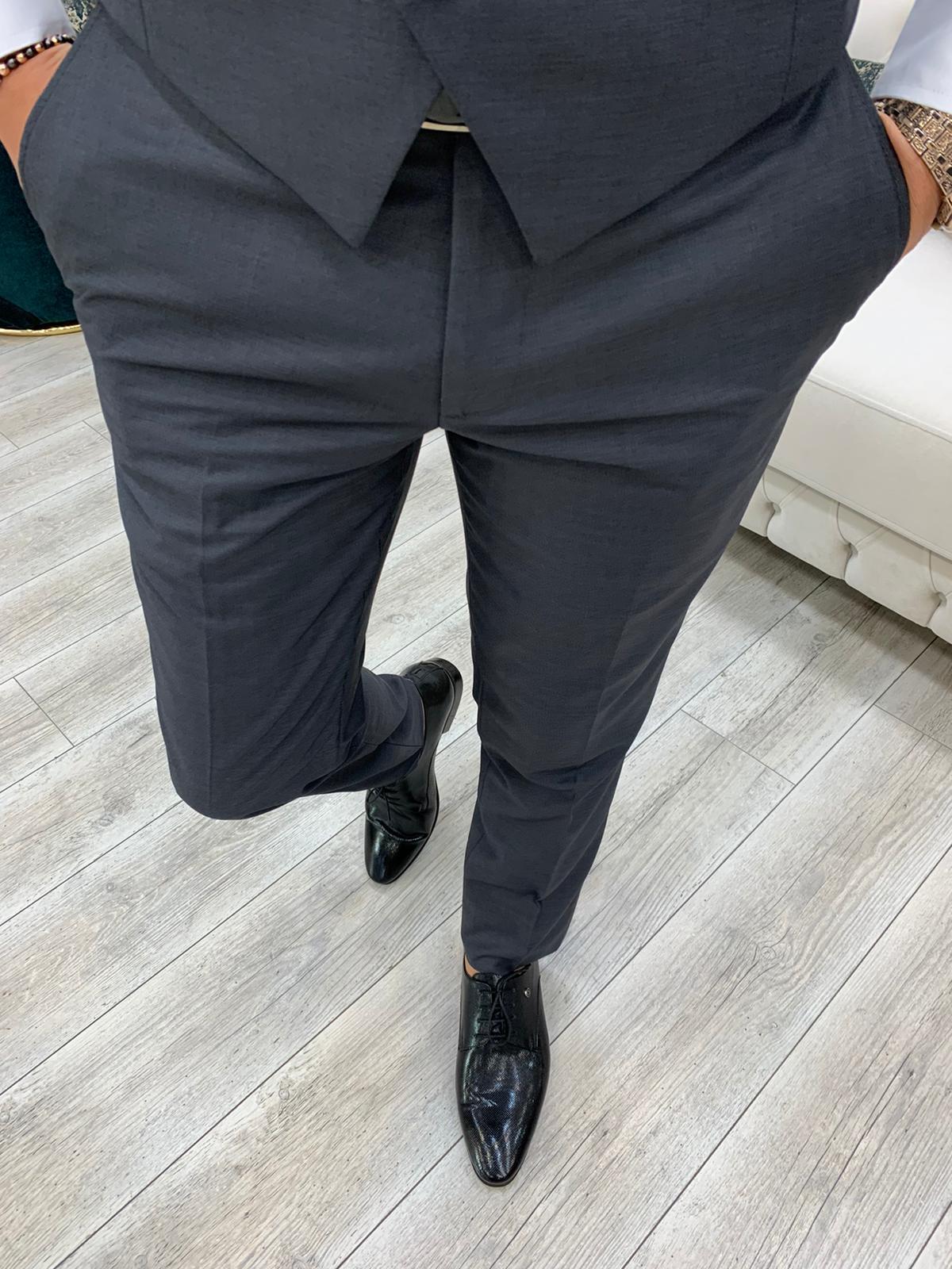 Erkek Takım Elbise Slim Fit Ceket Yelek Pantolon - Füme