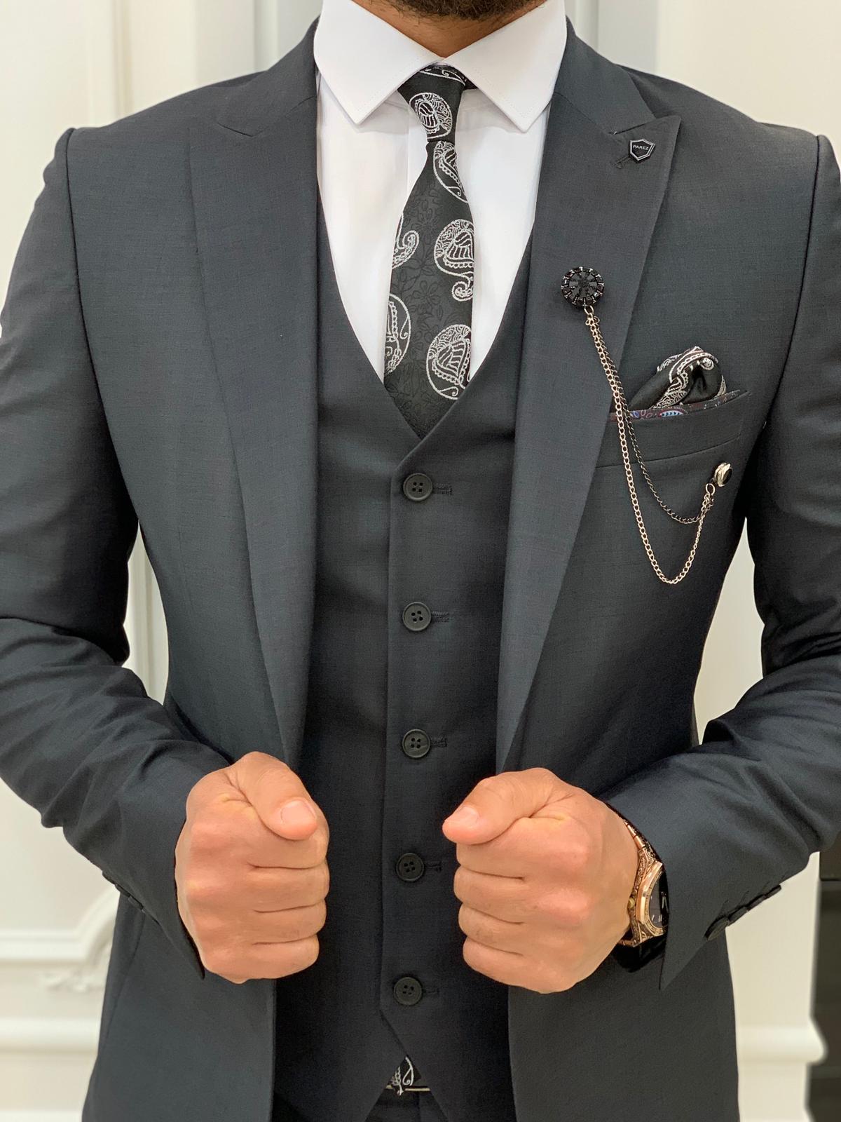Erkek Takım Elbise Slim Fit Ceket Yelek Pantolon - Füme