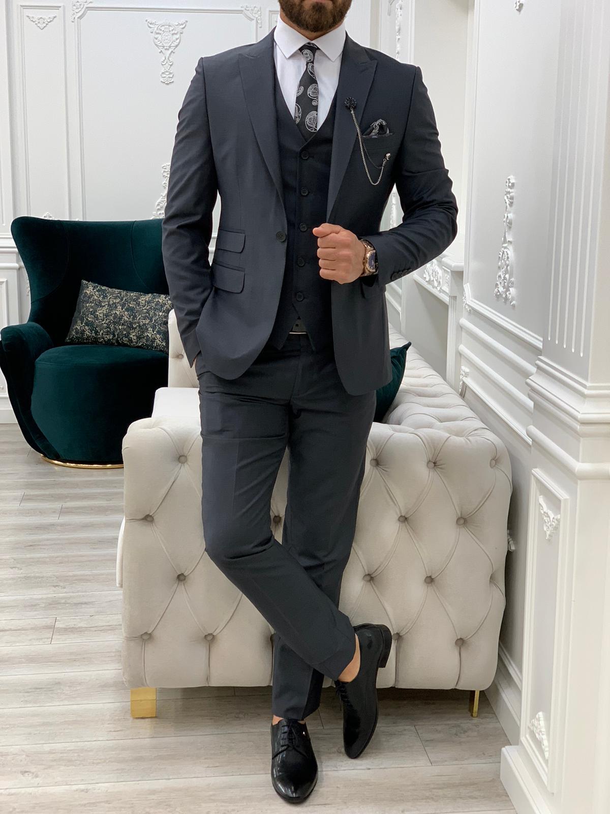 Erkek Takım Elbise Slim Fit Ceket Yelek Pantolon - Füme