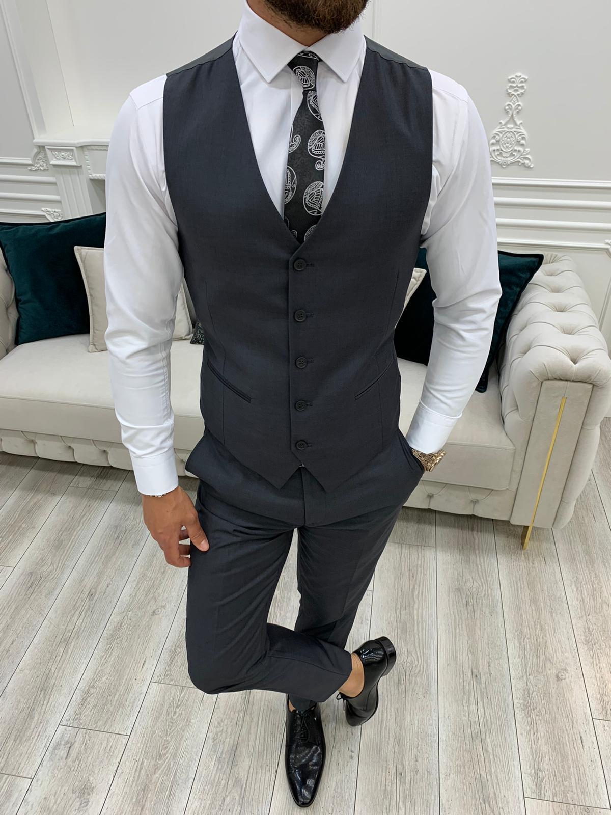 Erkek Takım Elbise Slim Fit Ceket Yelek Pantolon - Füme