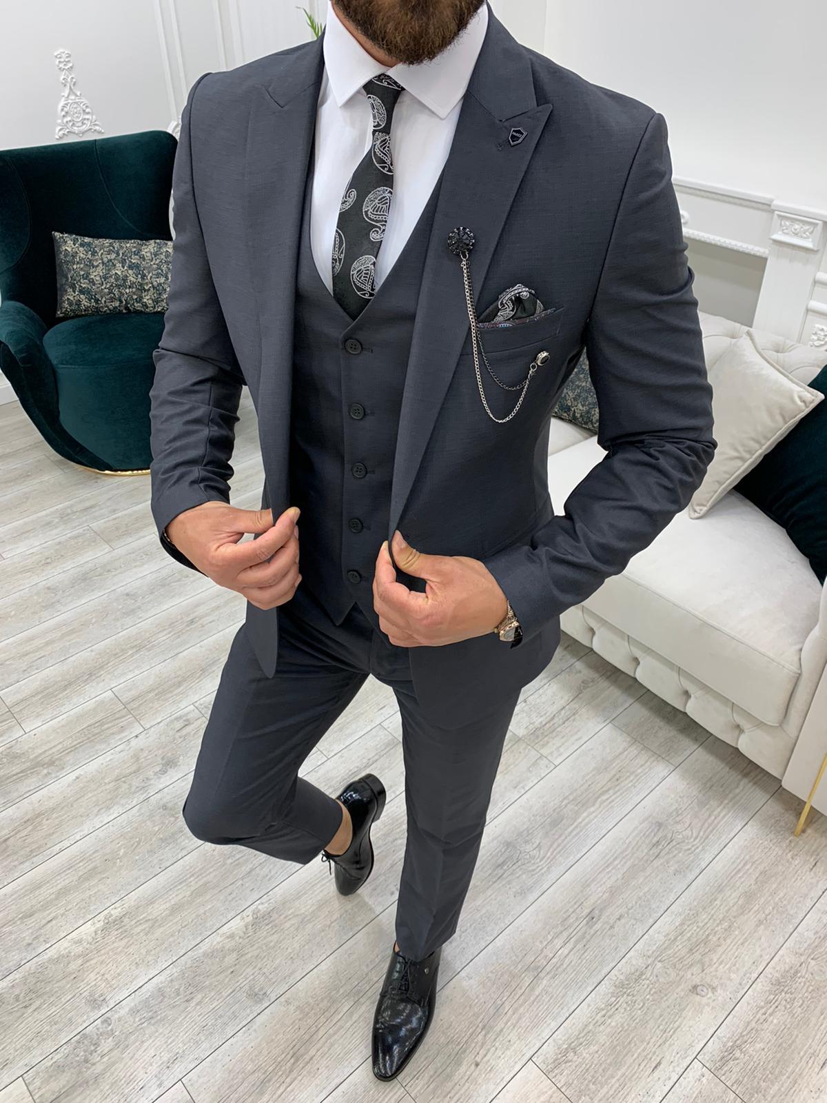 Erkek Takım Elbise Slim Fit Ceket Yelek Pantolon - Füme