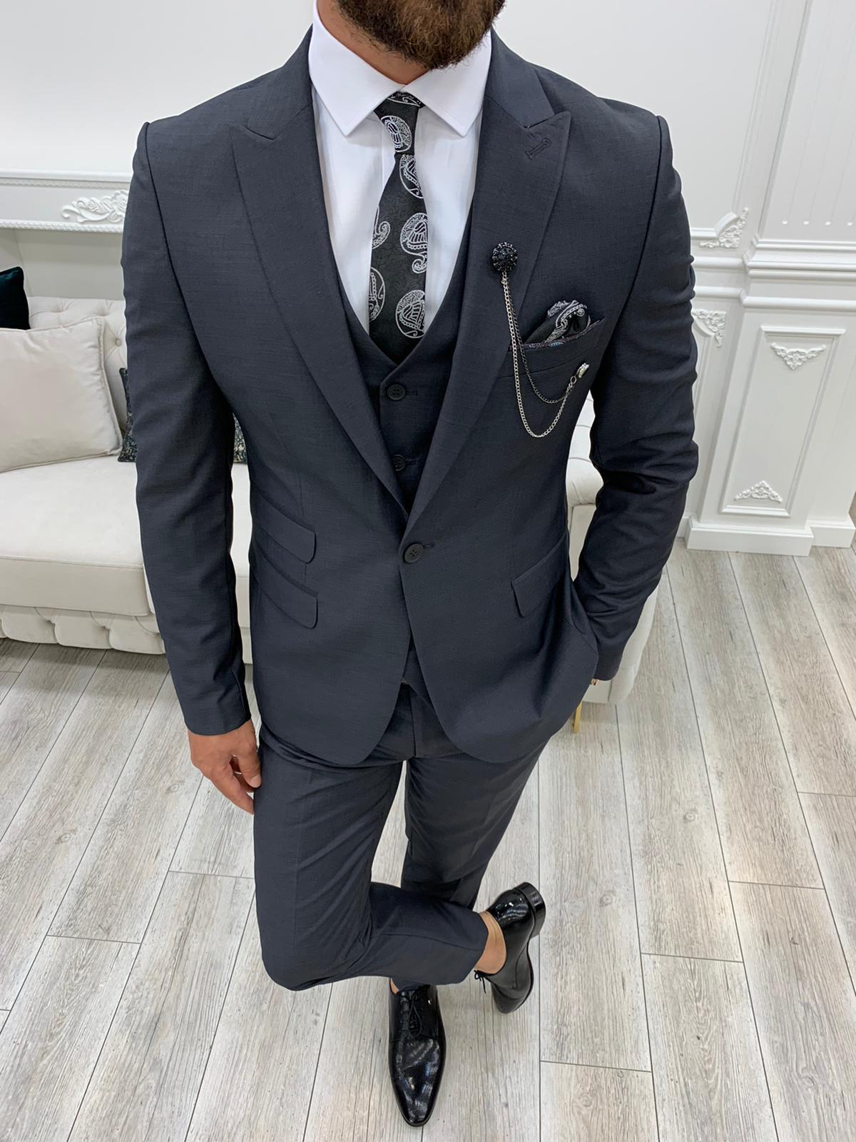 Erkek Takım Elbise Slim Fit Ceket Yelek Pantolon - Füme