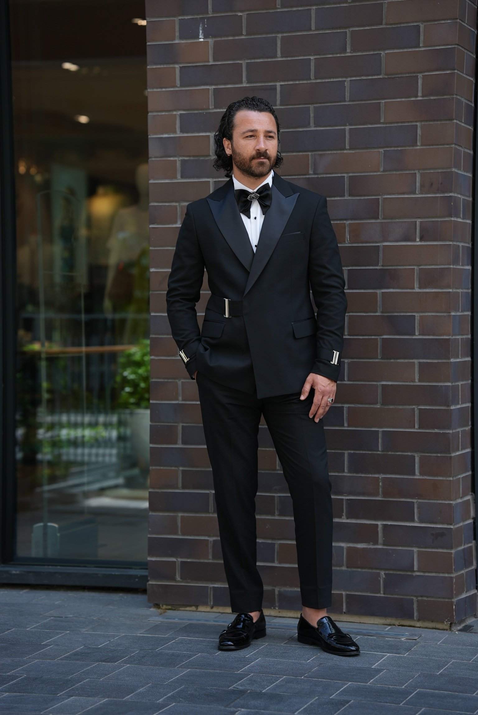 Erkek Tokalı Kruvaze Damatlık Slim fit İtalyan Stil Ceket Pantolon Papyon - Siyah