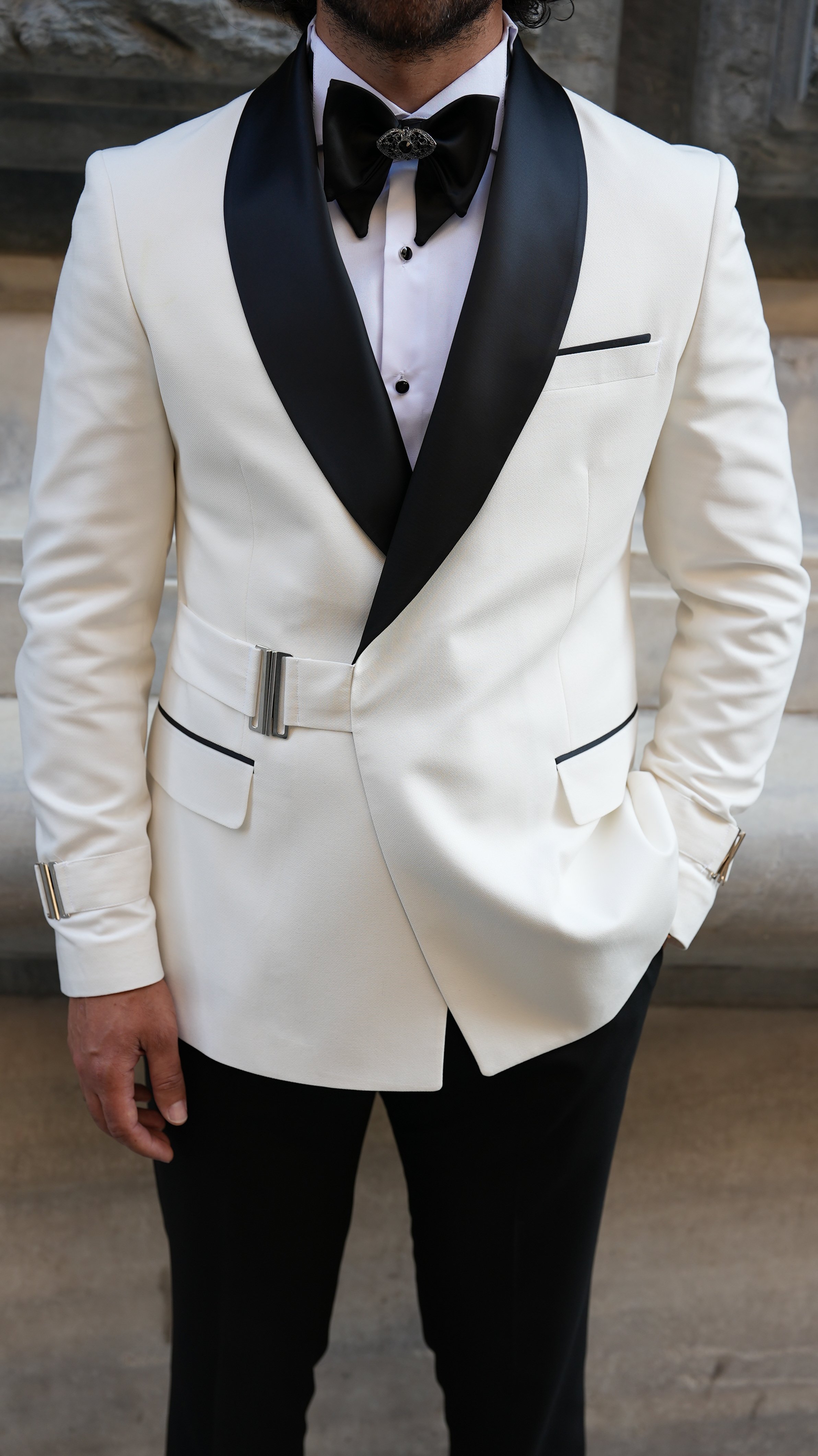 Erkek Tokalı Kruvaze Damatlık Slim fit İtalyan Stil Şal Yaka Ceket Pantolon Papyon-Beyaz