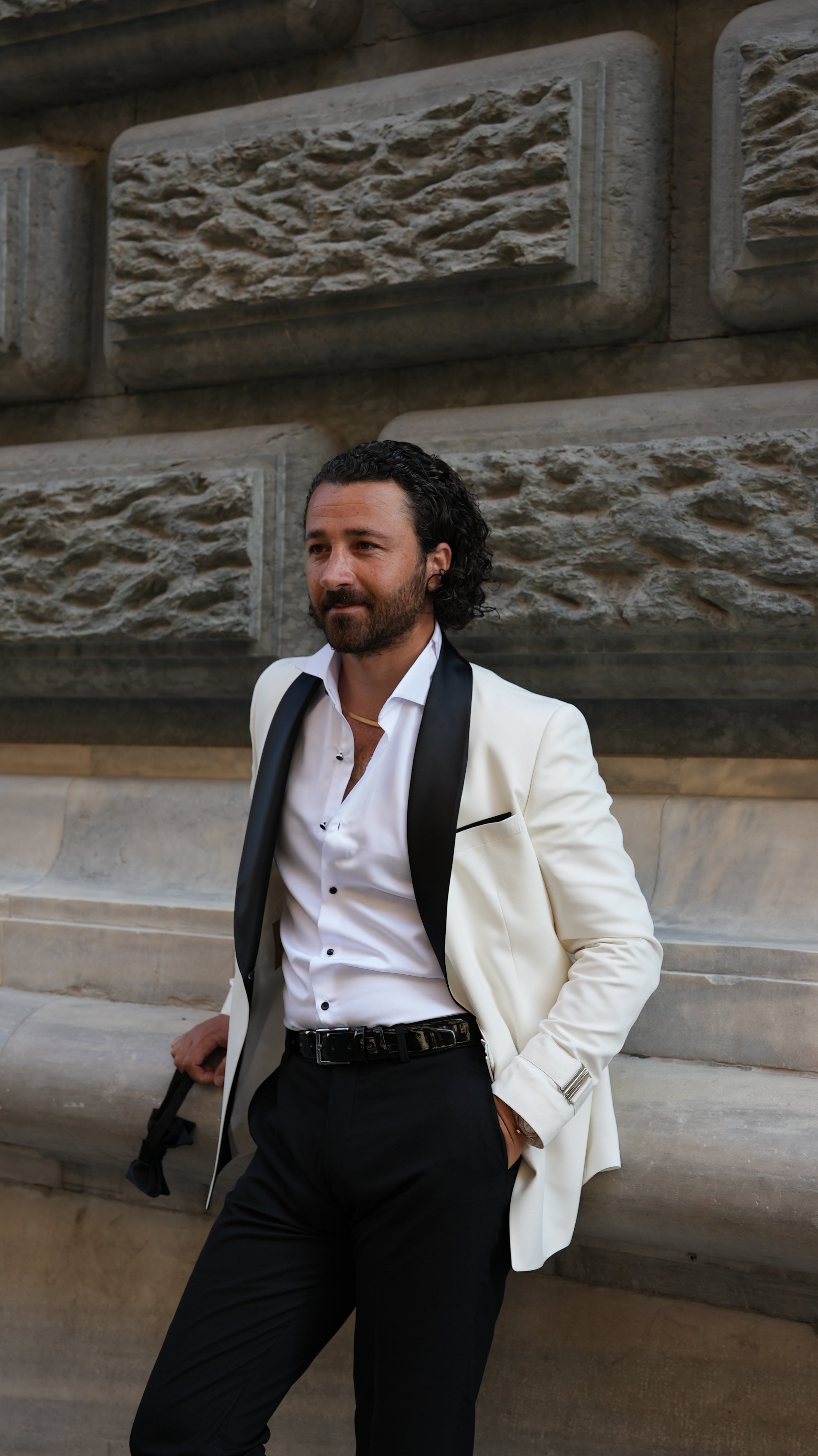 Erkek Tokalı Kruvaze Damatlık Slim fit İtalyan Stil Şal Yaka Ceket Pantolon Papyon-Beyaz
