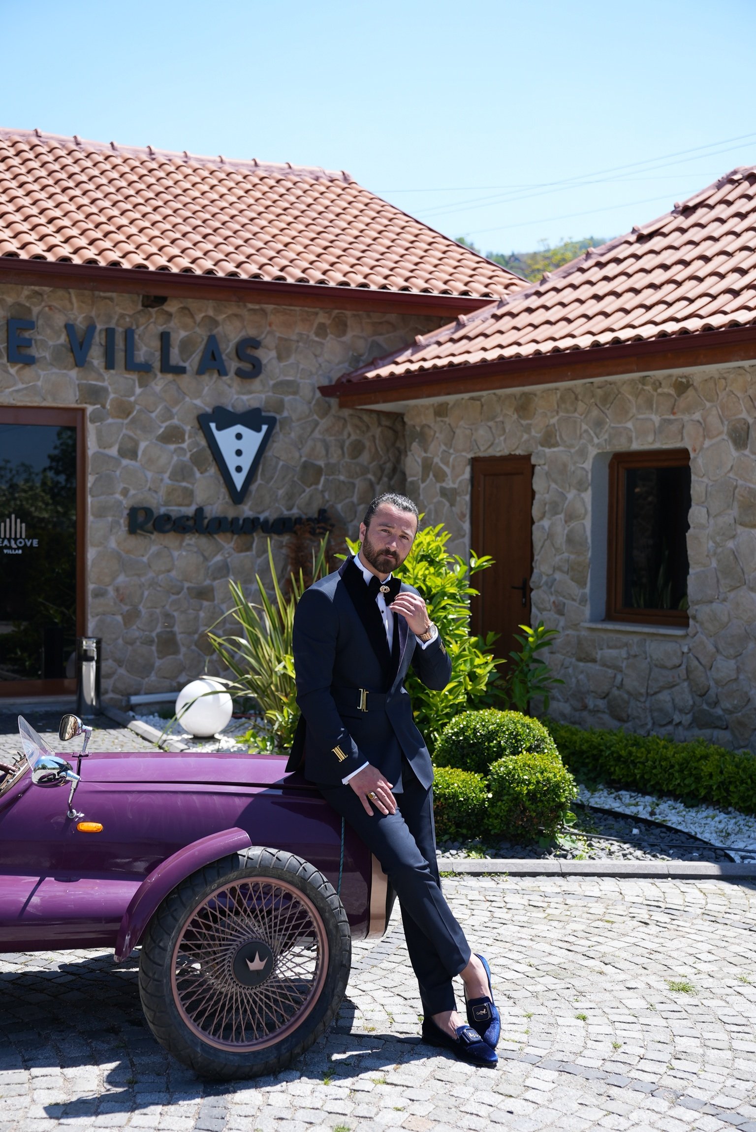 Erkek Tokalı Kruvaze Damatlık Slim fit İtalyan Stil Şal Yaka Ceket Pantolon Papyon - Lacivert