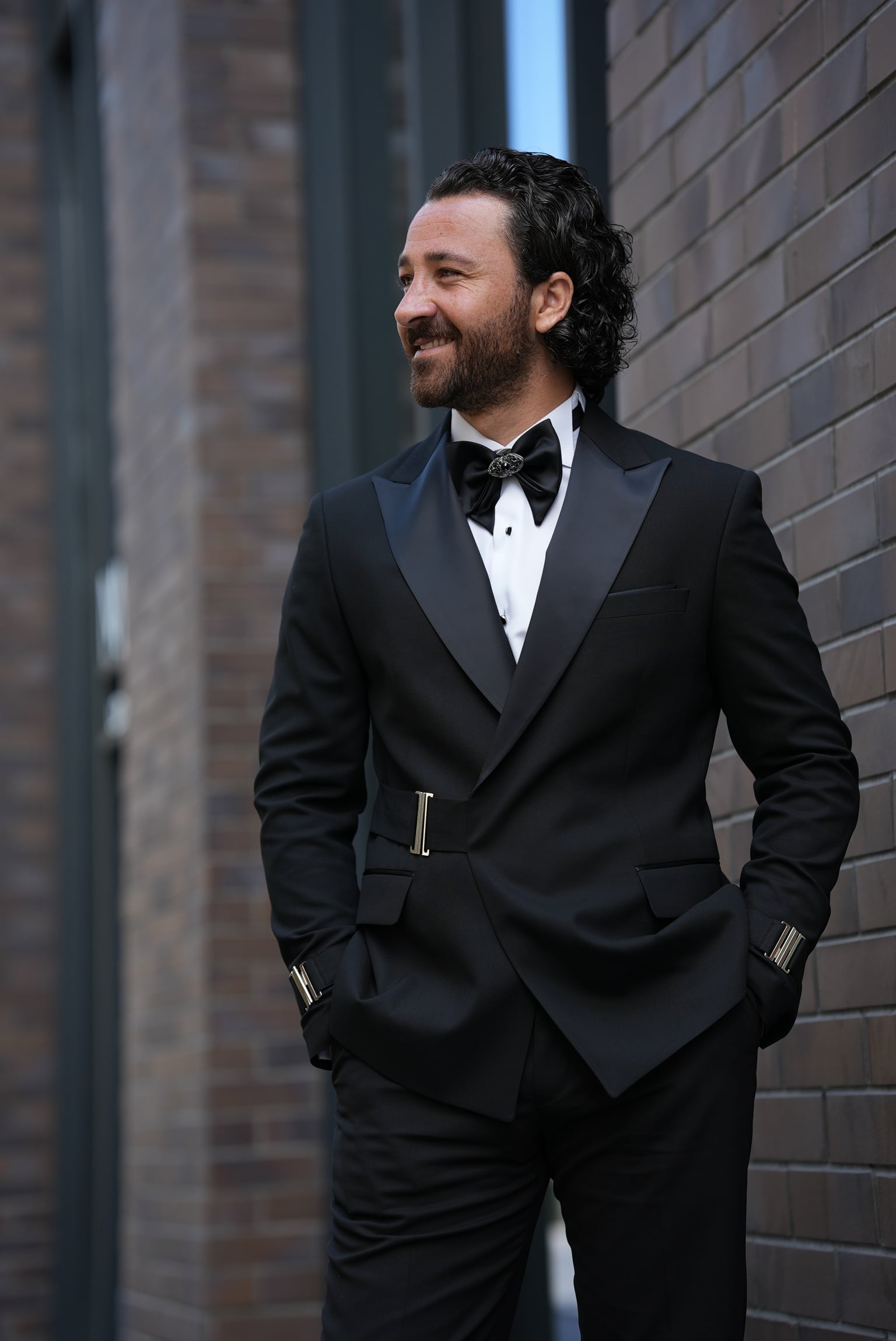 Erkek Tokalı Kruvaze Damatlık Slim fit İtalyan Stil Ceket Pantolon Papyon - Siyah
