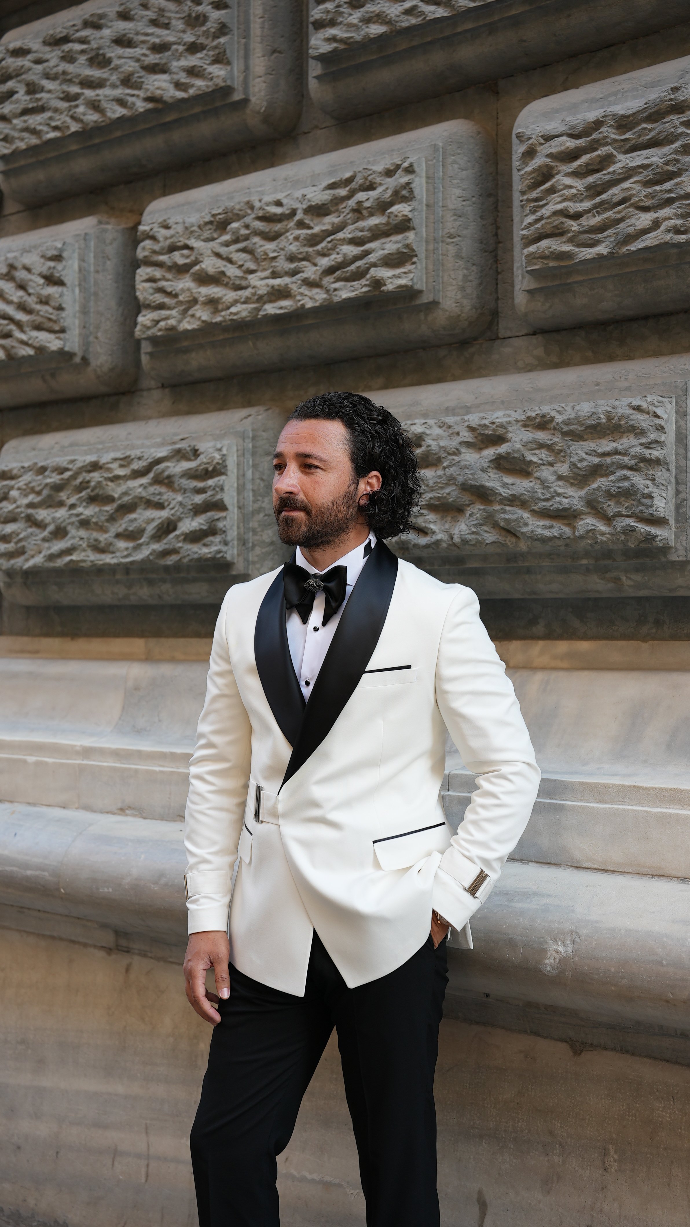 Erkek Tokalı Kruvaze Damatlık Slim fit İtalyan Stil Şal Yaka Ceket Pantolon Papyon-Beyaz