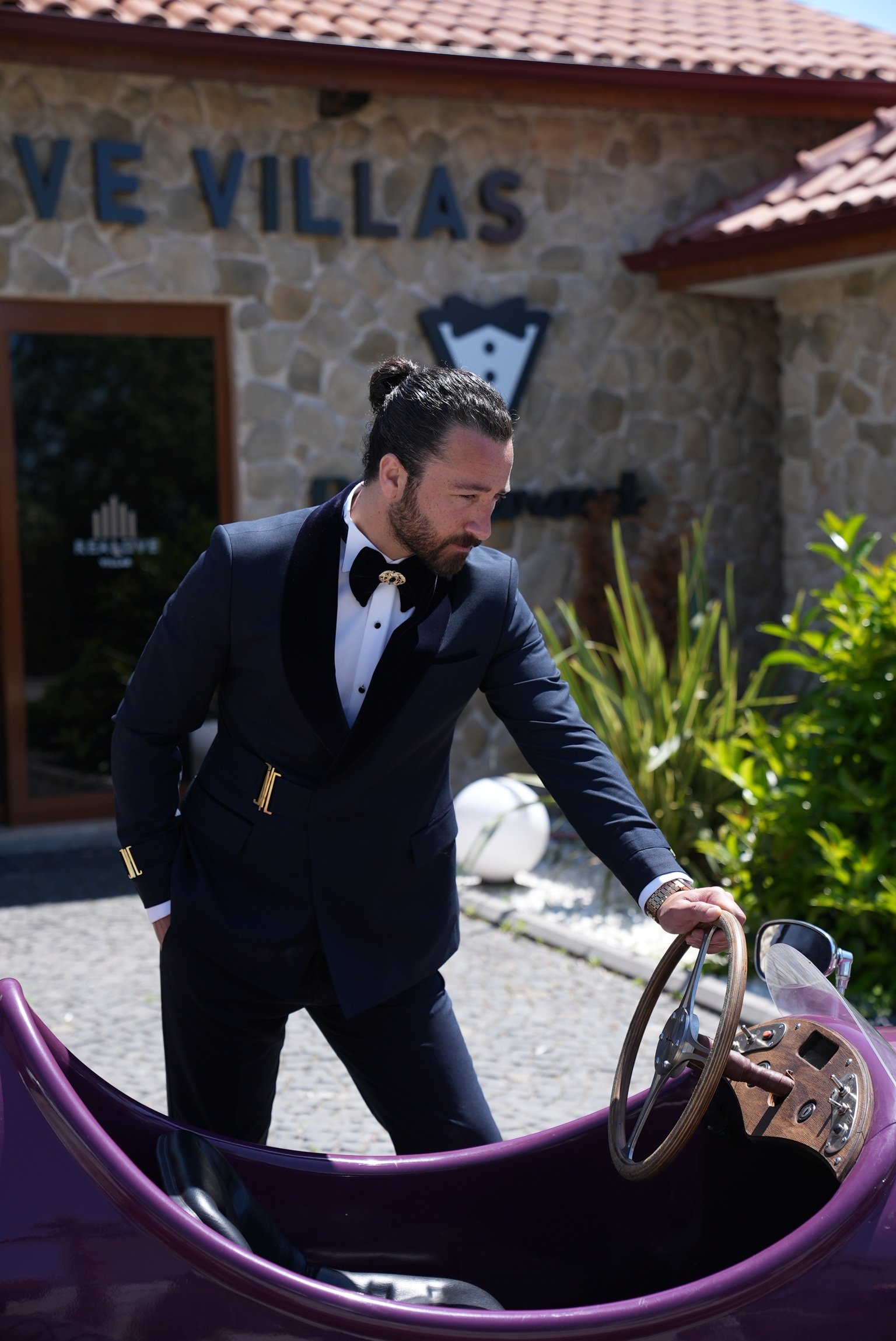 Erkek Tokalı Kruvaze Damatlık Slim fit İtalyan Stil Şal Yaka Ceket Pantolon Papyon - Lacivert