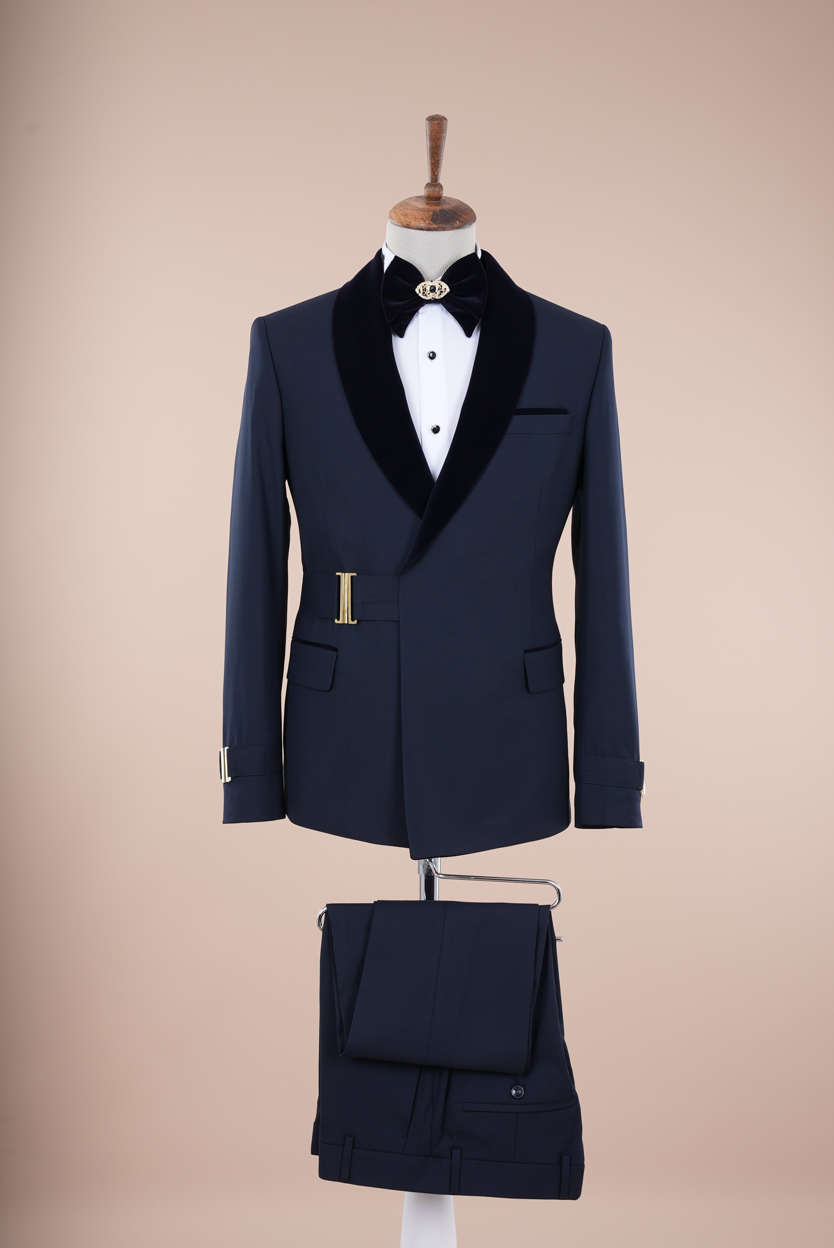Erkek Tokalı Kruvaze Damatlık Slim fit İtalyan Stil Şal Yaka Ceket Pantolon Papyon - Lacivert