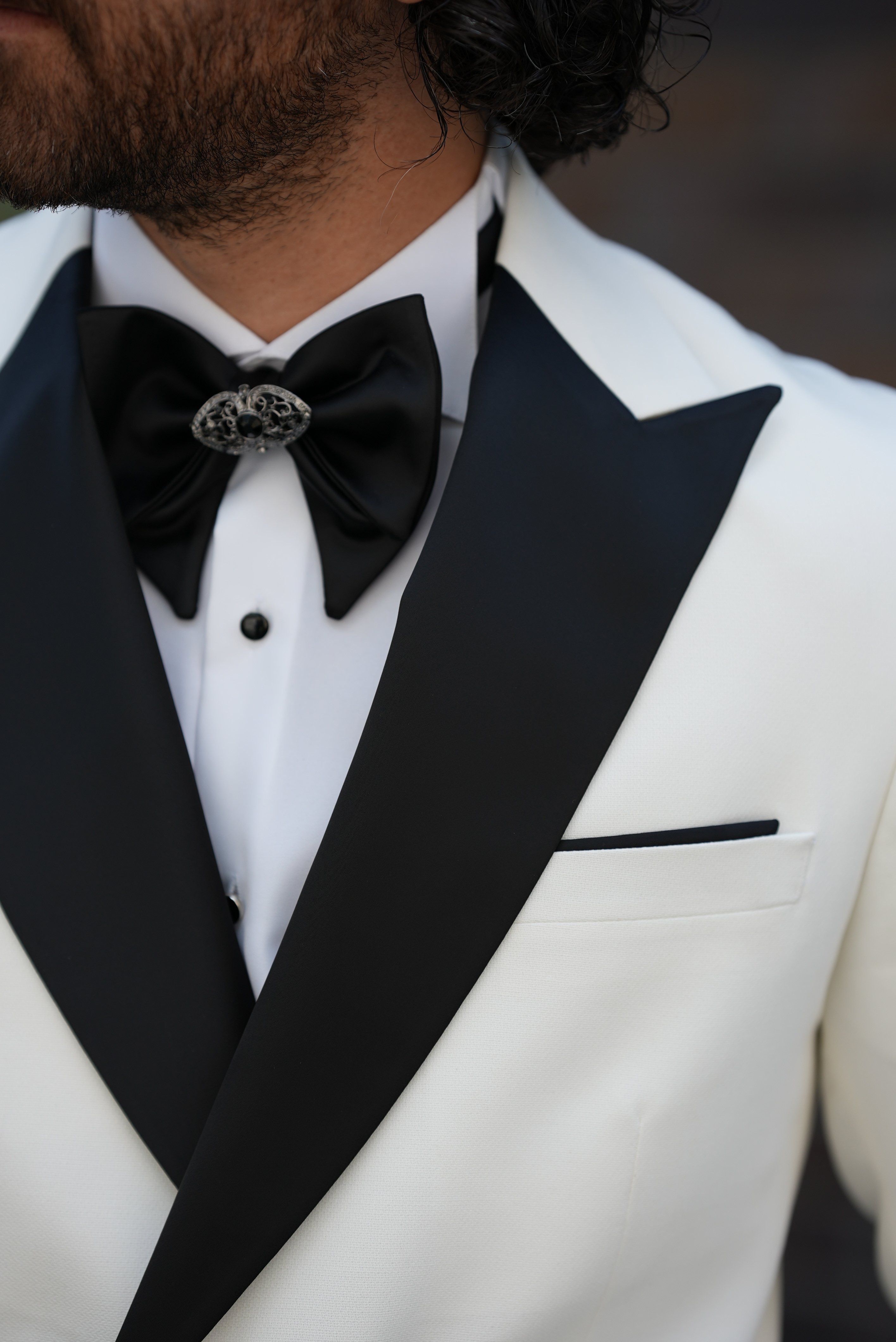 Erkek Tokalı Kruvaze Damatlık Slim fit İtalyan Stil Ceket Pantolon Papyon - Beyaz