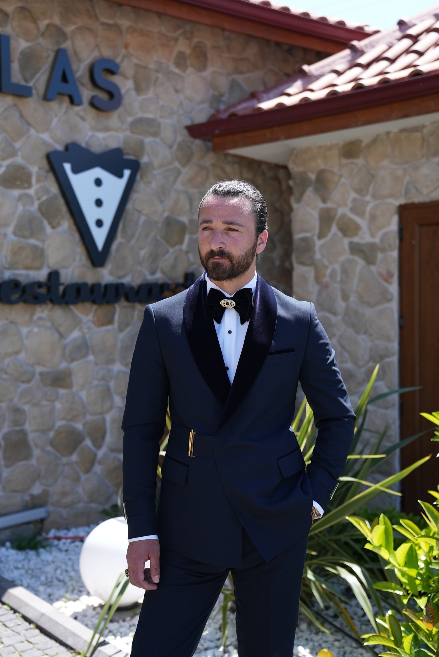 Erkek Tokalı Kruvaze Damatlık Slim fit İtalyan Stil Şal Yaka Ceket Pantolon Papyon - Lacivert
