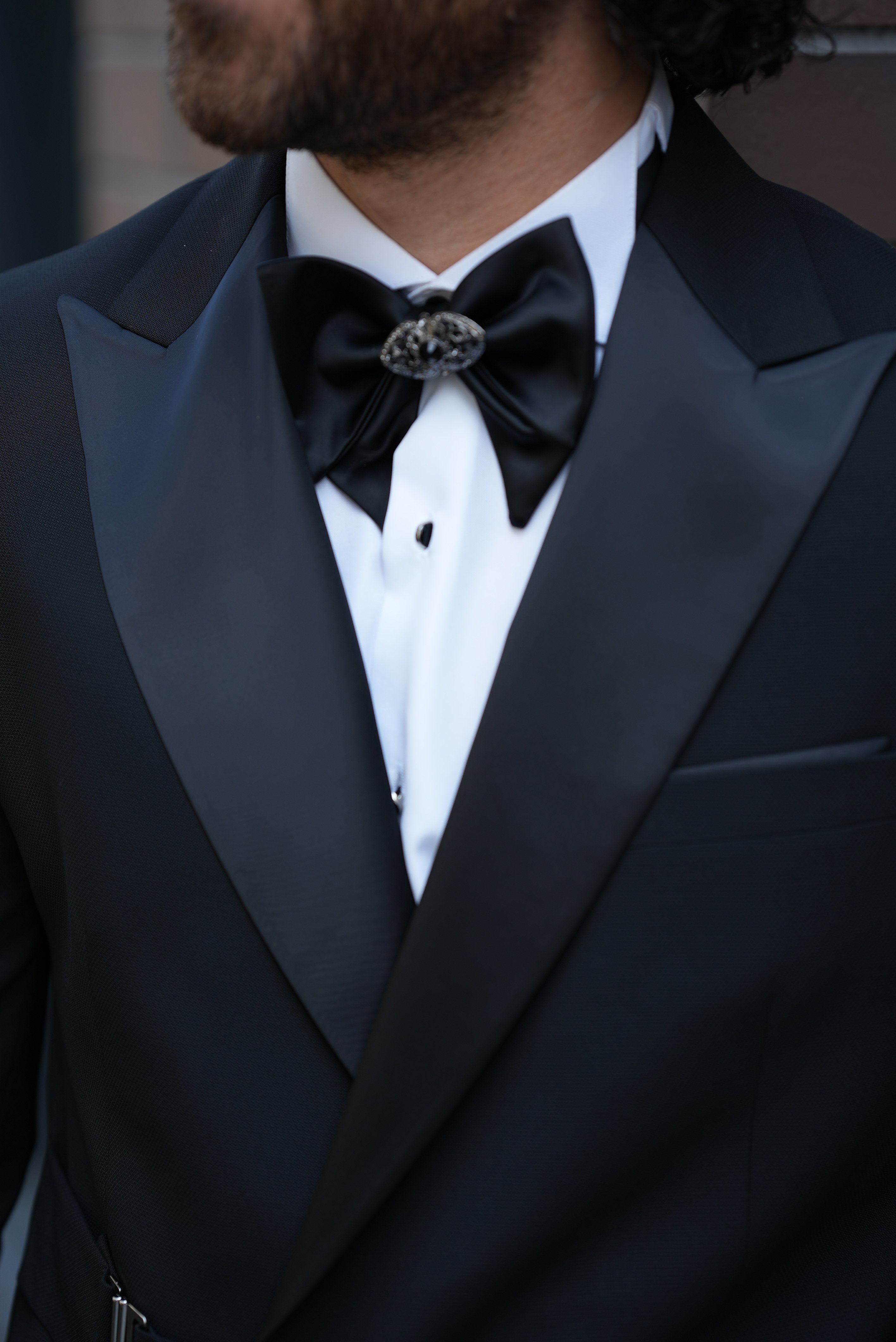 Erkek Tokalı Kruvaze Damatlık Slim fit İtalyan Stil Ceket Pantolon Papyon - Siyah