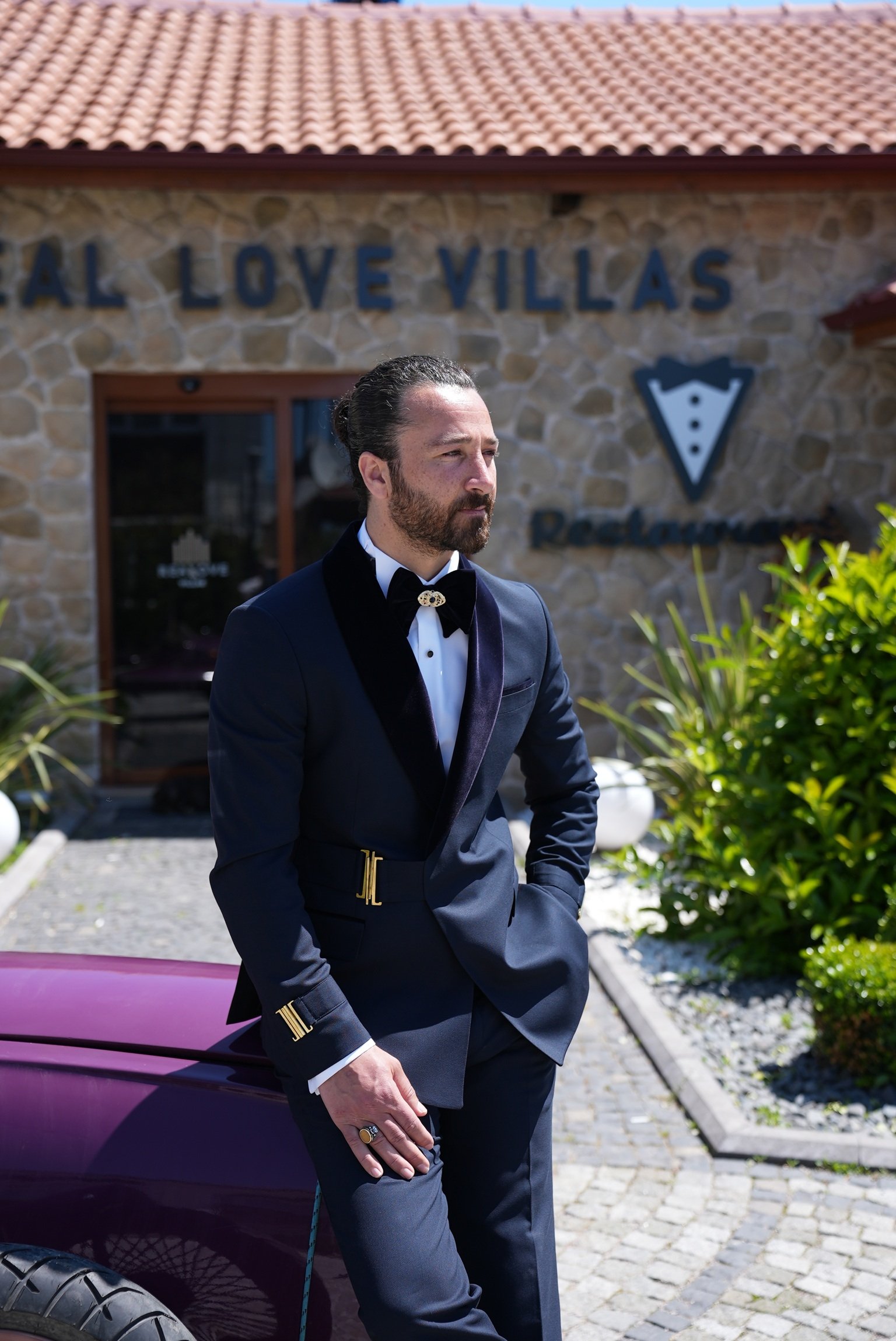 Erkek Tokalı Kruvaze Damatlık Slim fit İtalyan Stil Şal Yaka Ceket Pantolon Papyon - Lacivert