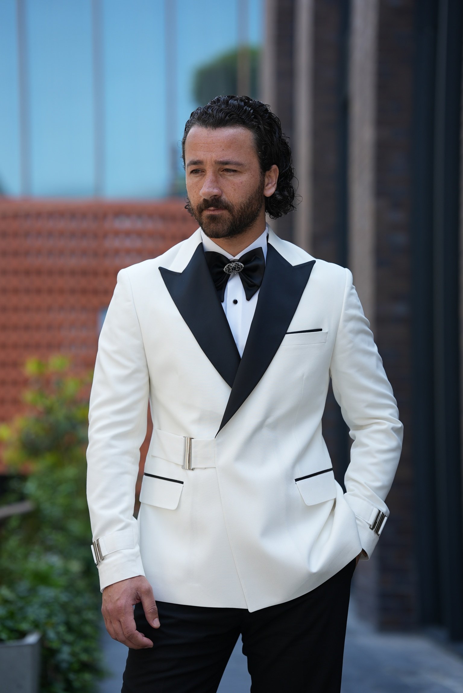 Erkek Tokalı Kruvaze Damatlık Slim fit İtalyan Stil Ceket Pantolon Papyon - Beyaz