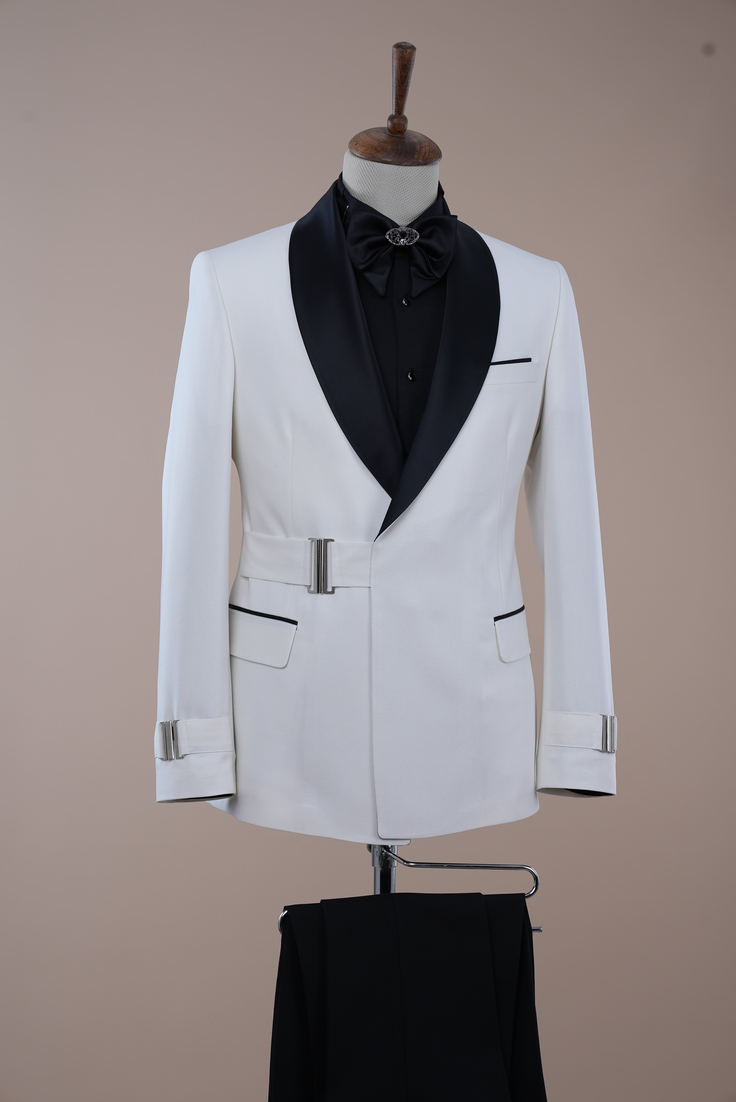 Erkek Tokalı Kruvaze Damatlık Slim fit İtalyan Stil Şal Yaka Ceket Pantolon Papyon-Beyaz