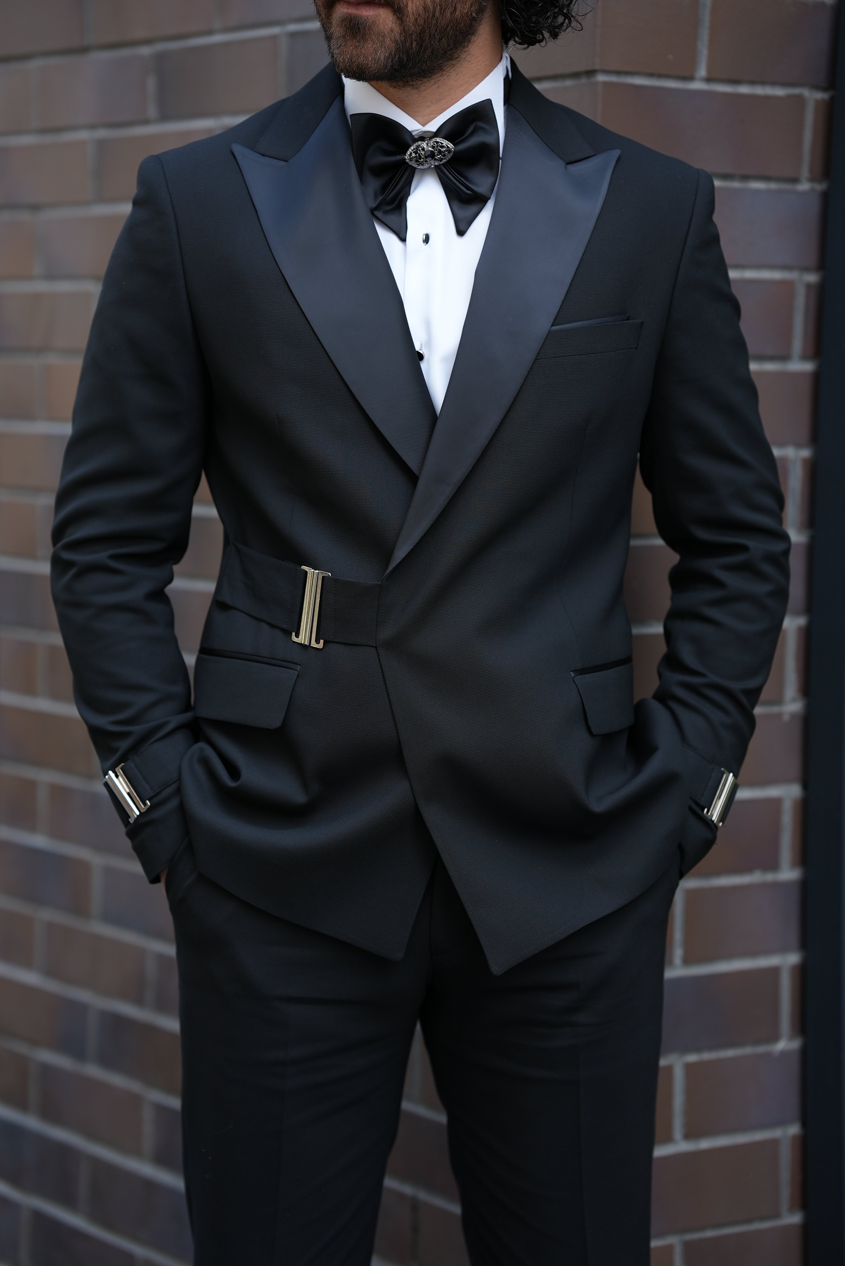 Erkek Tokalı Kruvaze Damatlık Slim fit İtalyan Stil Ceket Pantolon Papyon - Siyah