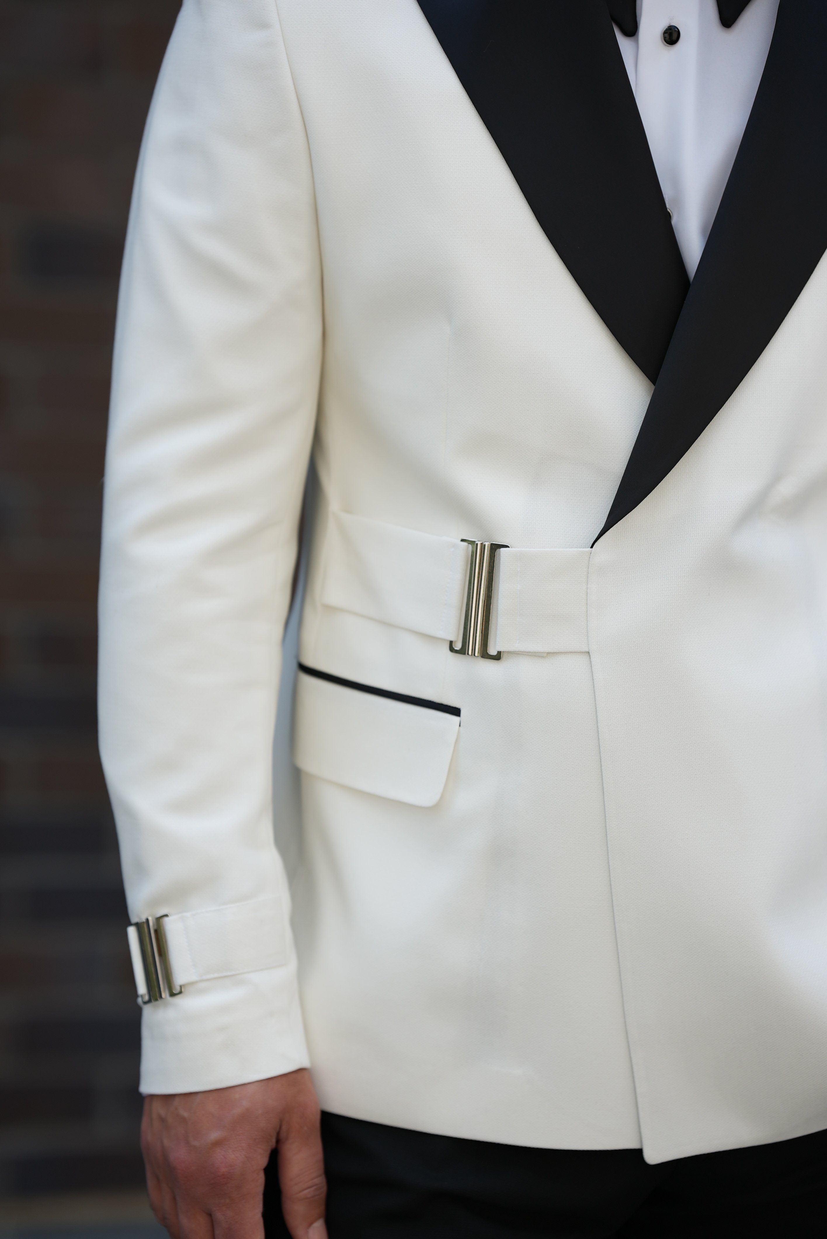 Erkek Tokalı Kruvaze Damatlık Slim fit İtalyan Stil Ceket Pantolon Papyon - Beyaz