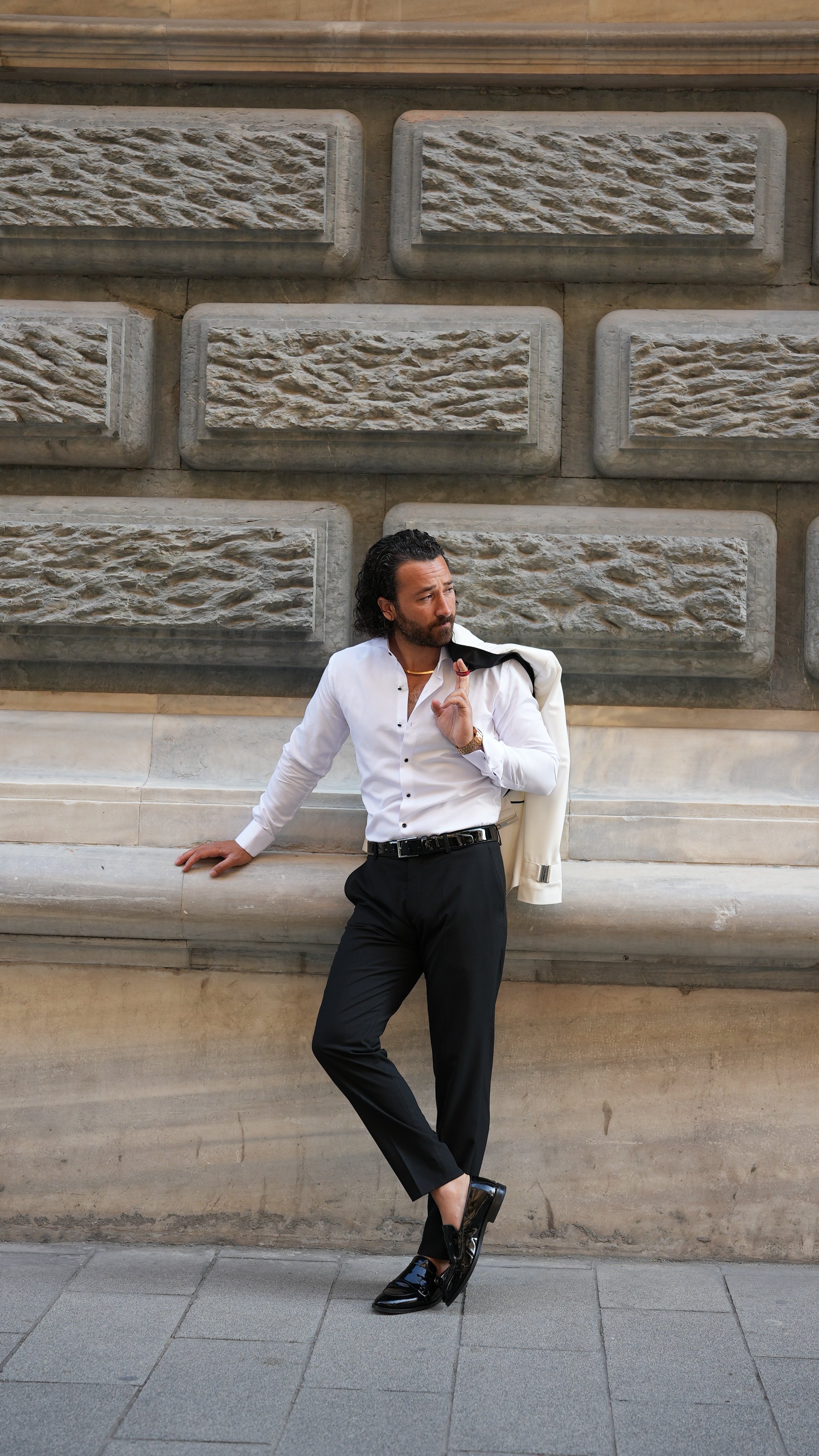 Erkek Tokalı Kruvaze Damatlık Slim fit İtalyan Stil Şal Yaka Ceket Pantolon Papyon-Beyaz