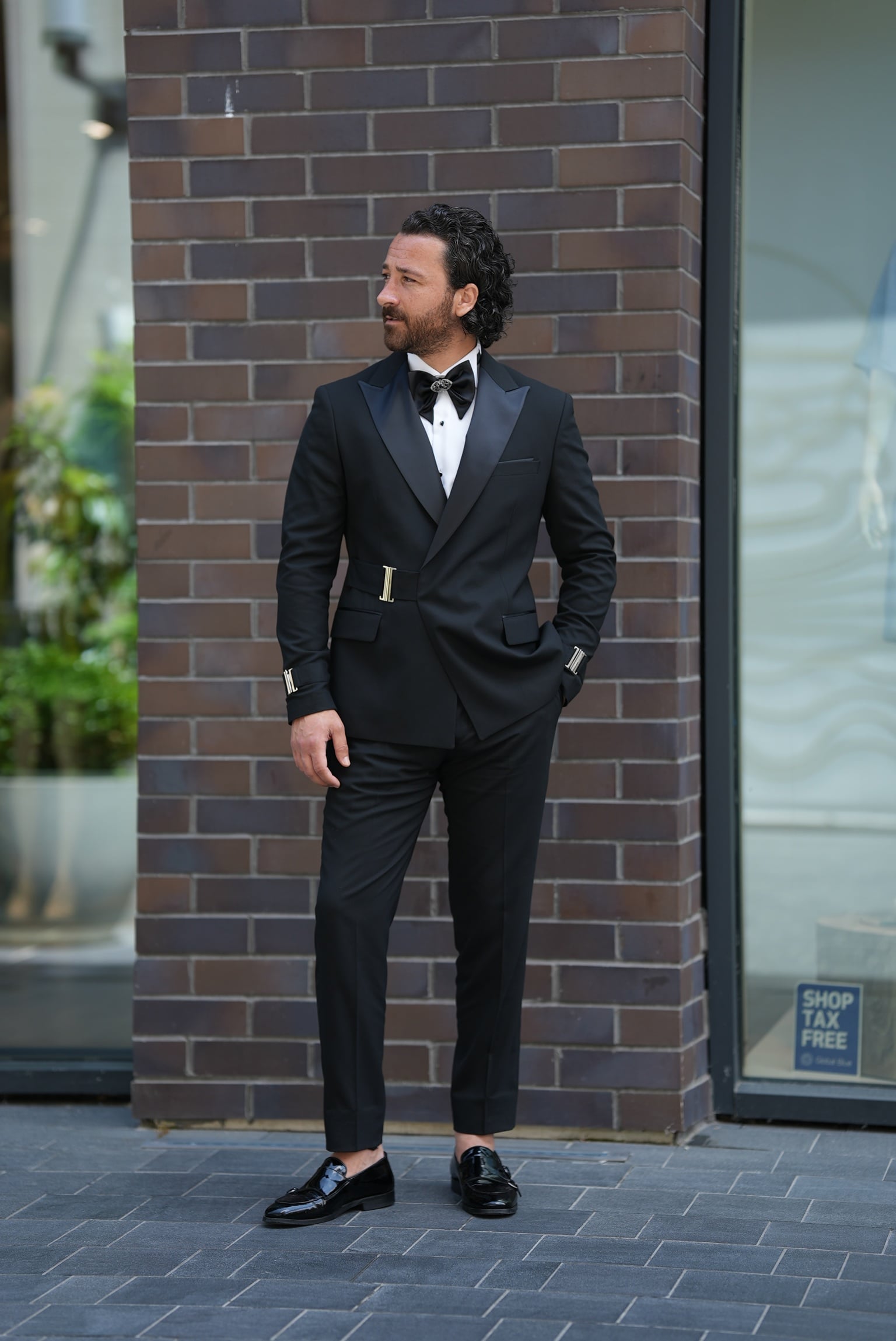 Erkek Tokalı Kruvaze Damatlık Slim fit İtalyan Stil Ceket Pantolon Papyon - Siyah