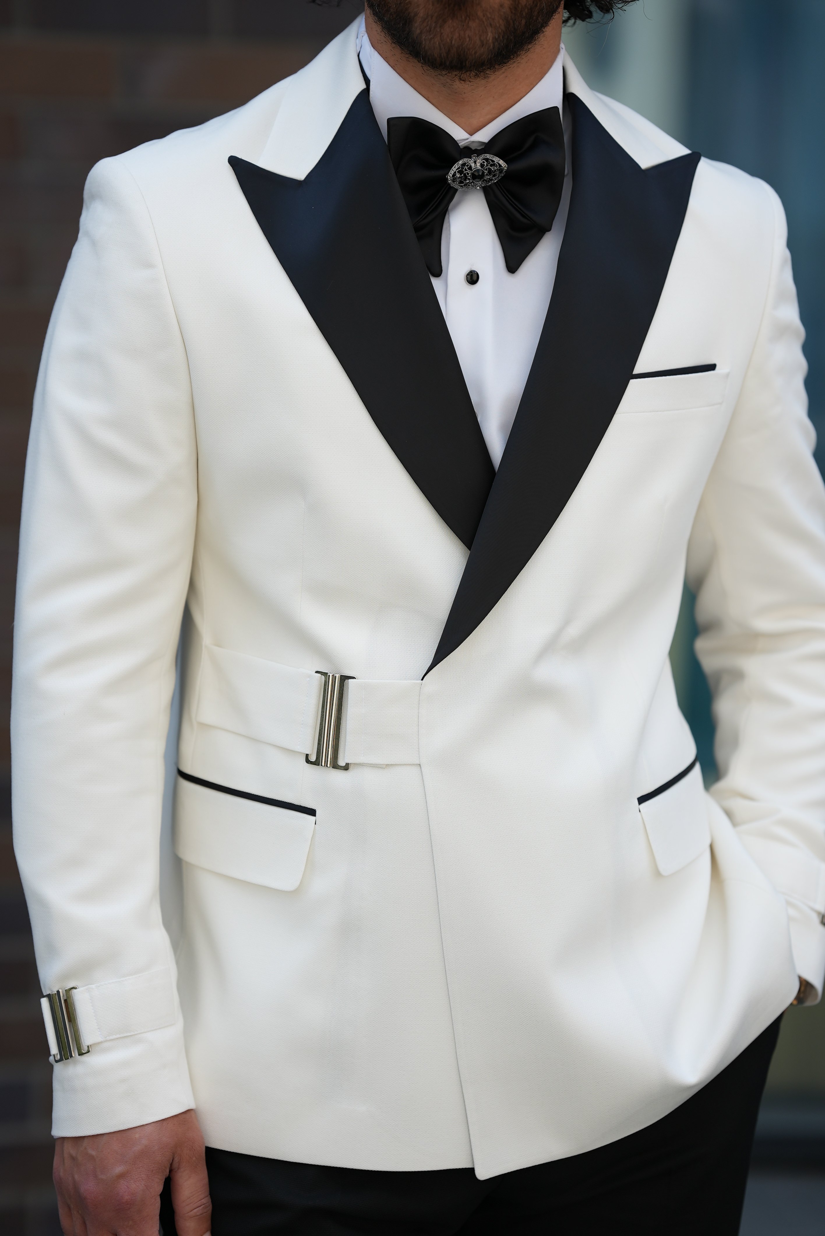 Erkek Tokalı Kruvaze Damatlık Slim fit İtalyan Stil Ceket Pantolon Papyon - Beyaz