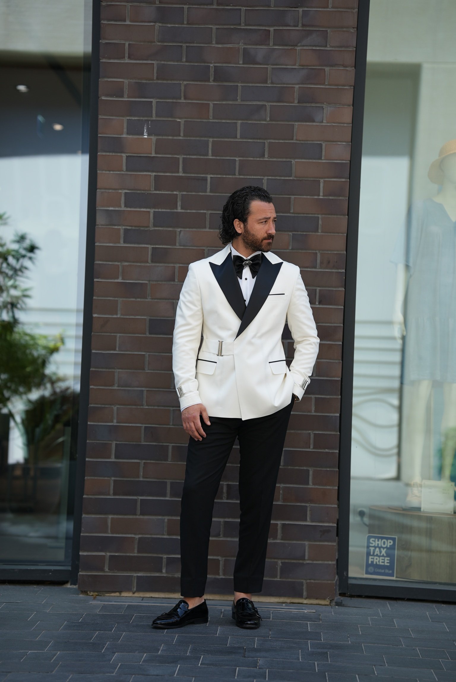 Erkek Tokalı Kruvaze Damatlık Slim fit İtalyan Stil Ceket Pantolon Papyon - Beyaz