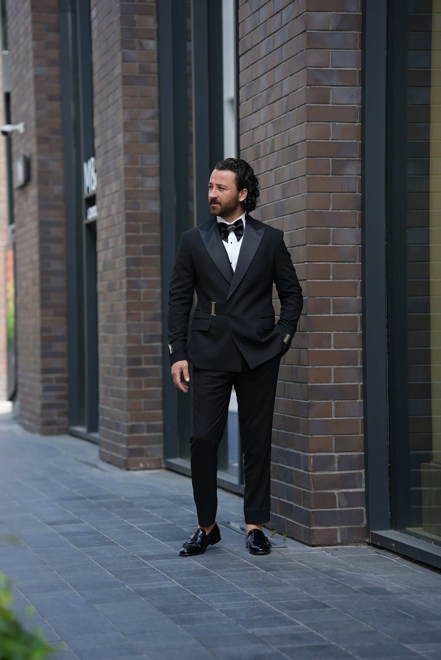 Erkek Tokalı Kruvaze Damatlık Slim fit İtalyan Stil Ceket Pantolon Papyon - Siyah
