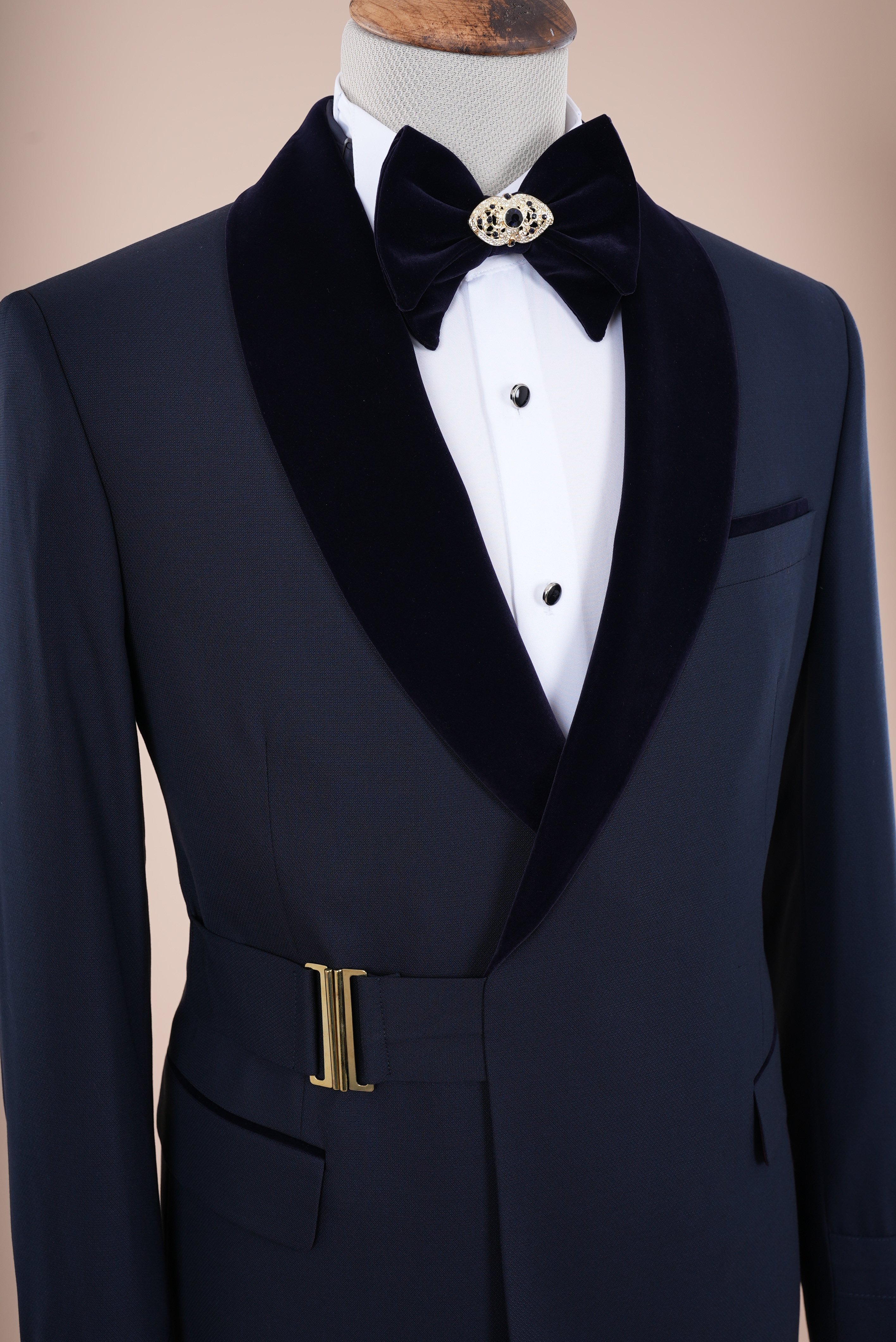 Erkek Tokalı Kruvaze Damatlık Slim fit İtalyan Stil Şal Yaka Ceket Pantolon Papyon - Lacivert