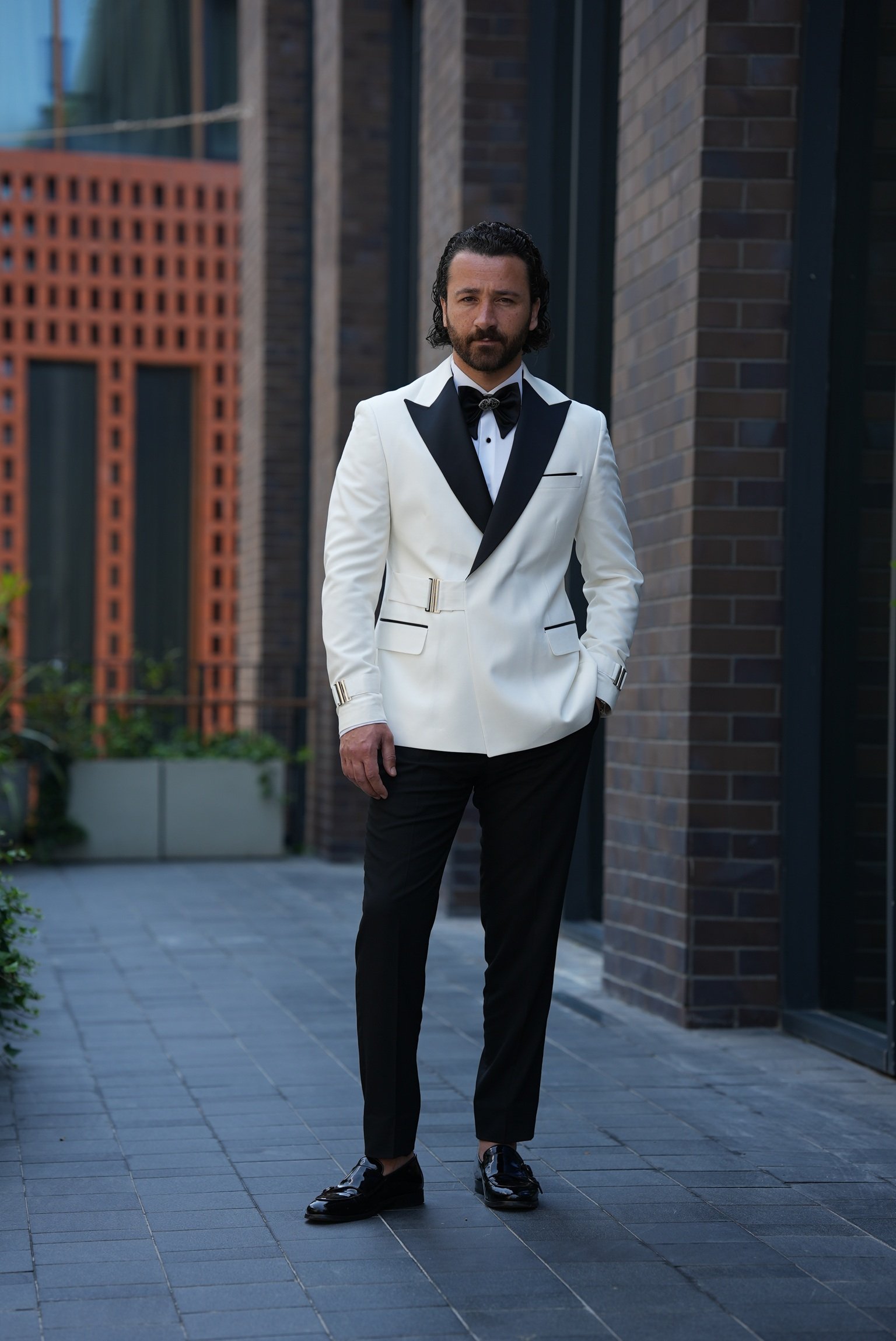 Erkek Tokalı Kruvaze Damatlık Slim fit İtalyan Stil Ceket Pantolon Papyon - Beyaz