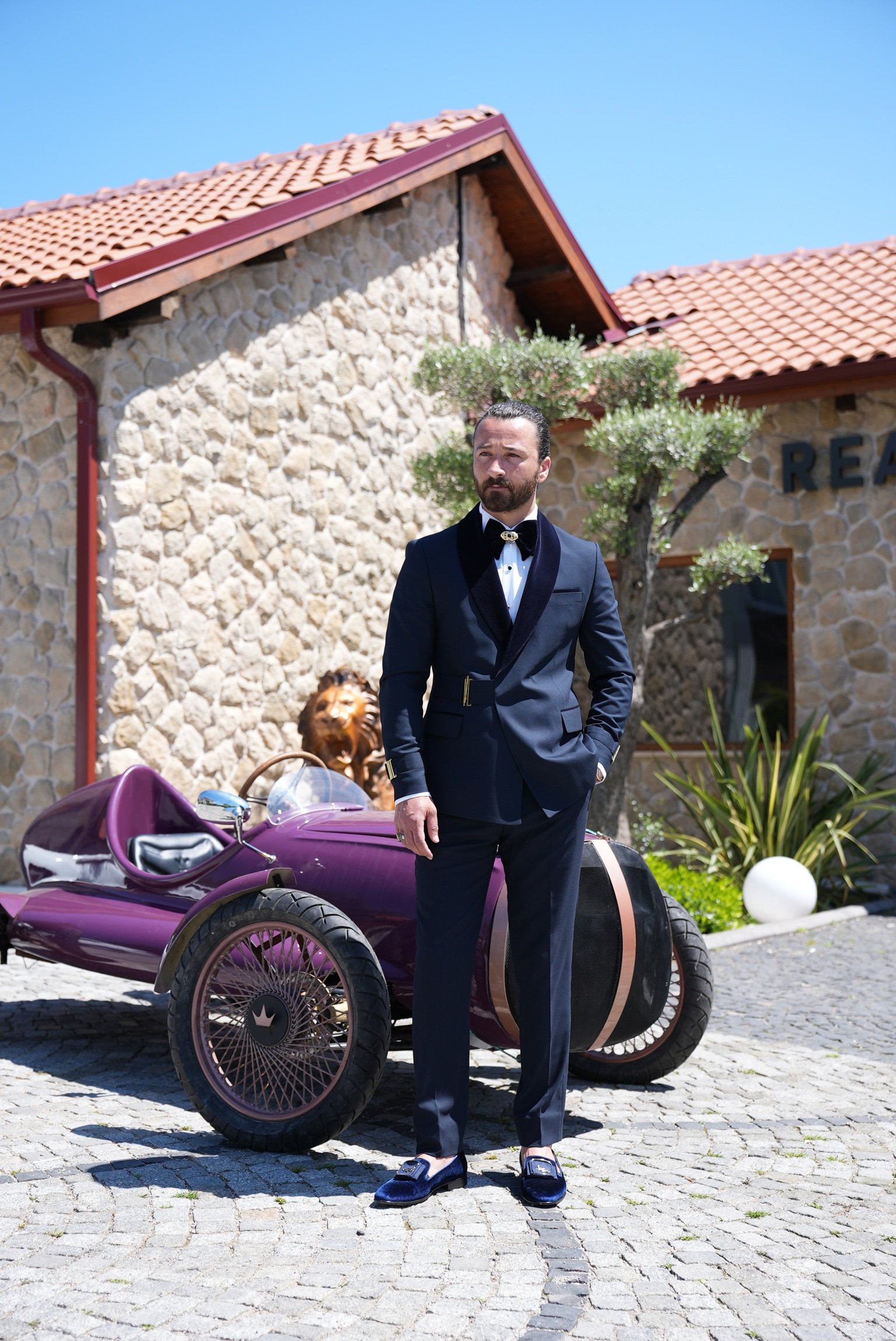 Erkek Tokalı Kruvaze Damatlık Slim fit İtalyan Stil Şal Yaka Ceket Pantolon Papyon - Lacivert