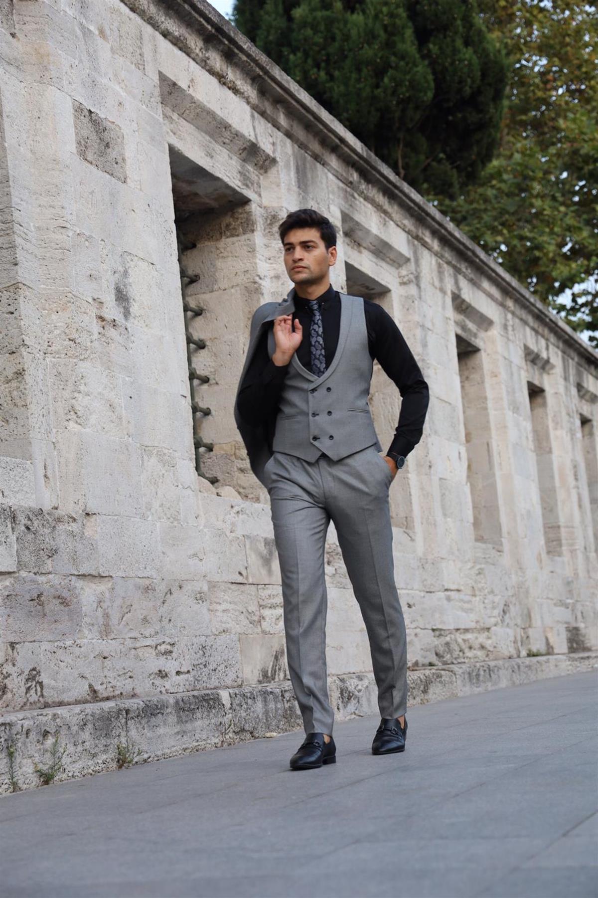Italian Style Suit Jacket Vest Pants - Gri