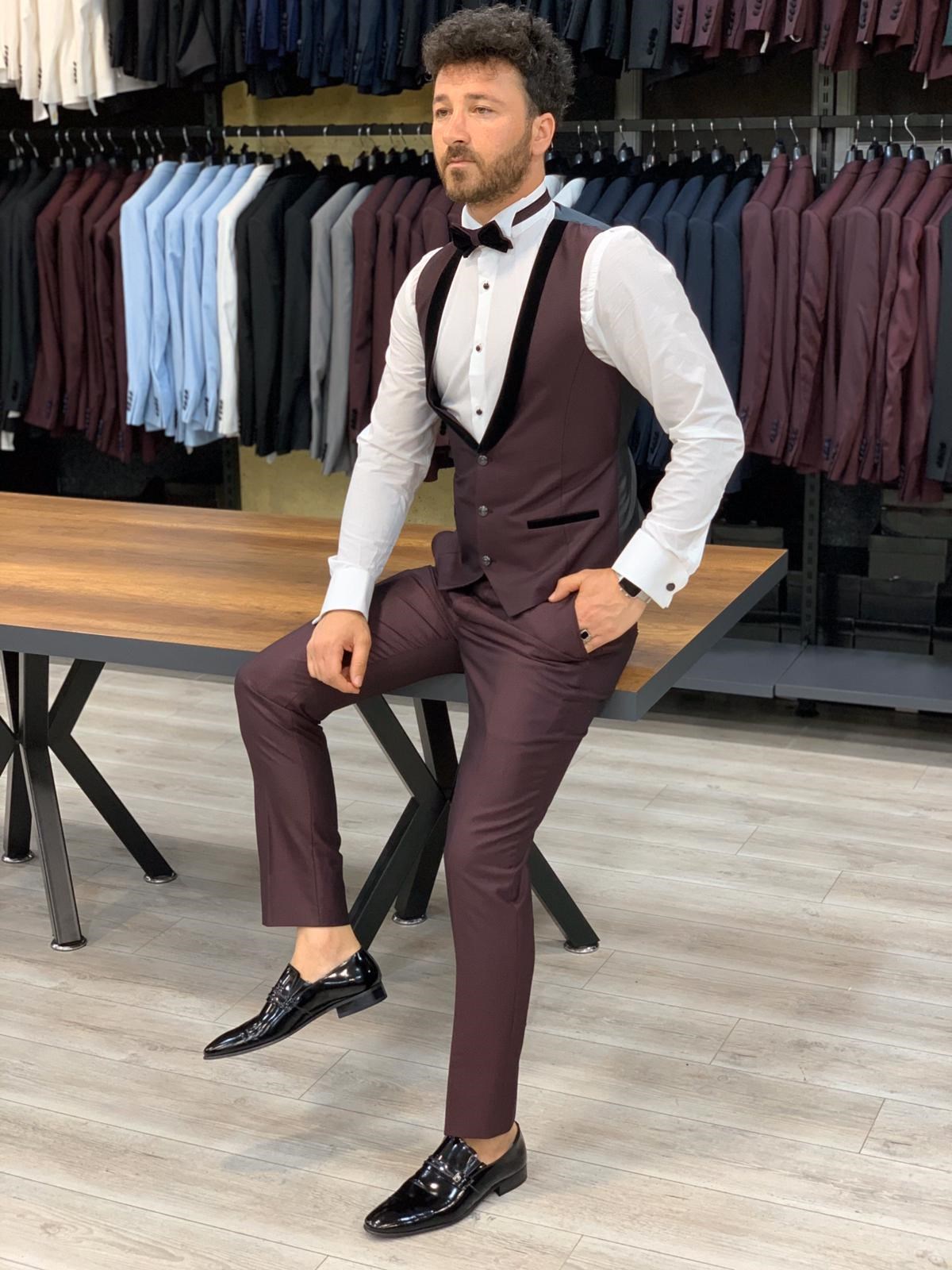 İtalyan Kesim Smokin Ceket Yelek Pantolon - Bordo