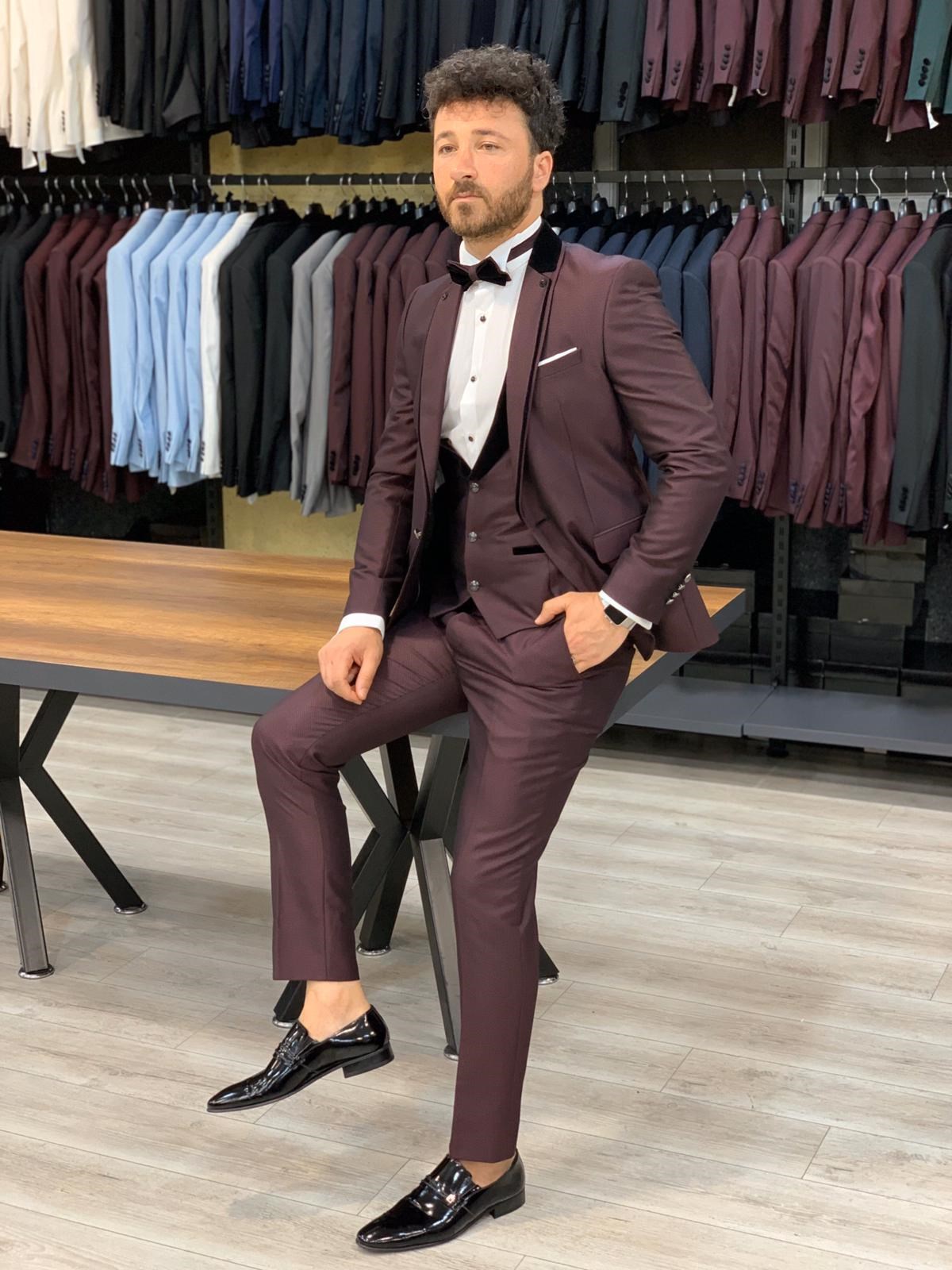 İtalyan Kesim Smokin Ceket Yelek Pantolon - Bordo