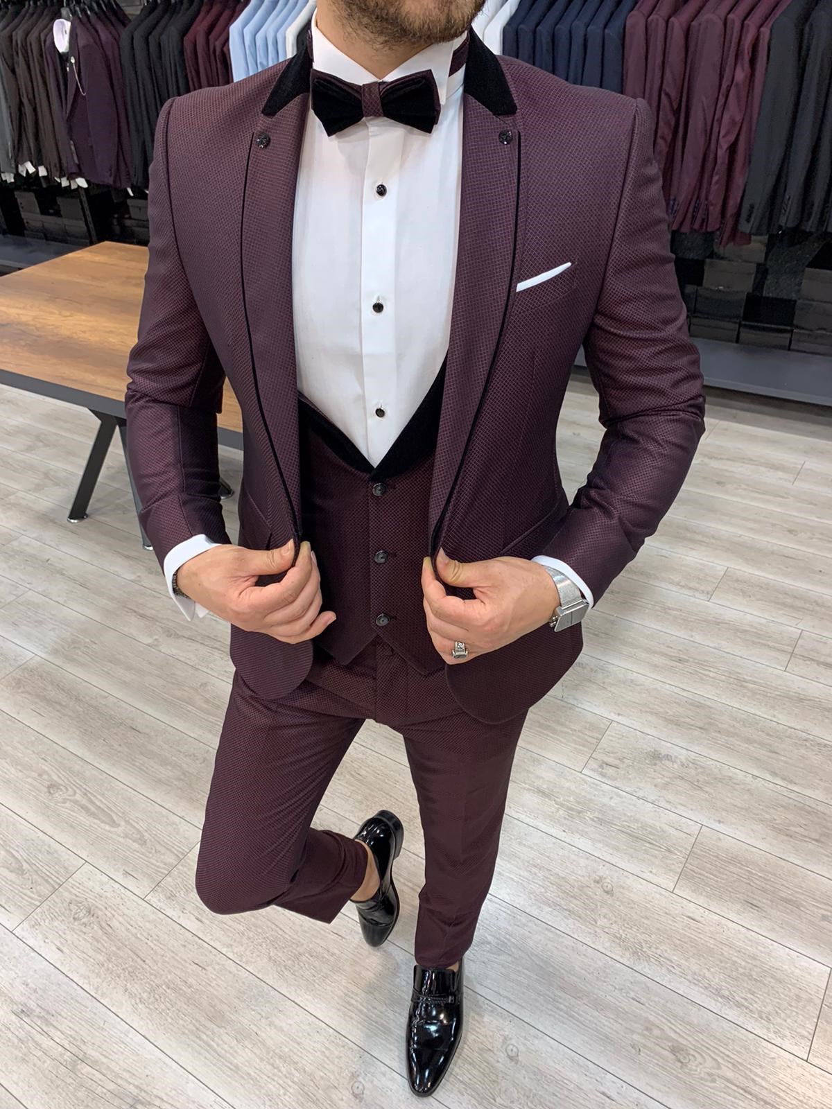İtalyan Kesim Smokin Ceket Yelek Pantolon - Bordo