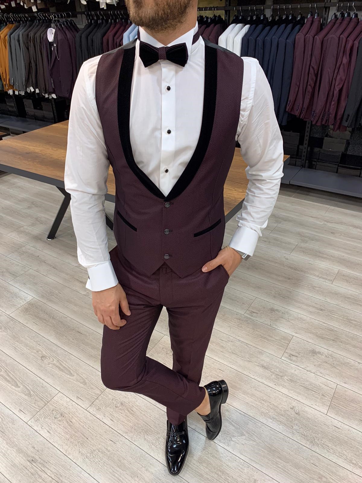 İtalyan Kesim Smokin Ceket Yelek Pantolon - Bordo